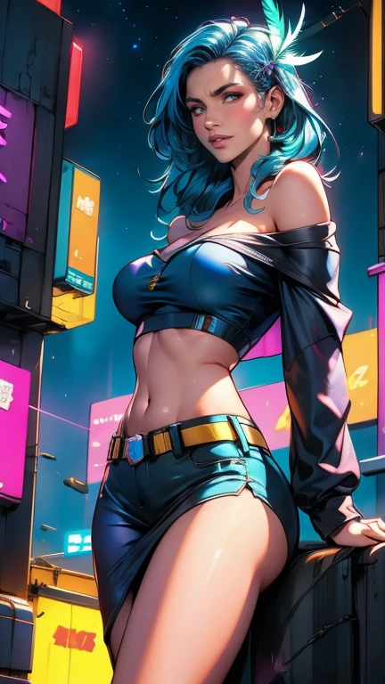 (dreamlikeart style:1.0), ( redshift style:1.2), (analog style:1.2), (studio_ghibli_anime_style style:0.9), (copeseethemald style:1.1), (thepit bimbo:1), (glossy sexy bimbo:1), masterpiece, beatifull face, (Cherrmous style:1.2), Chole Swanson, woman, eyes, hoop earrings, bracelet, detailed, (low twintails,:1.1), skin texture, full lips, collar, centered, tanned skin, 8k, highly, outfit tight dress, tight skirt, pleated mini skirt, wide hips, eyelashes, eyeshadow, bubblebutt, deep cleavage, breast enlargement, platform boots, high heels, long legs, cyberpunk, neon lights, tighhigh stockings, fishnets, no underwear, no panties, belly button, piercing, looking at viewer, photo-realistic, glowing colors, glowing skin, pout, jeans shorts,