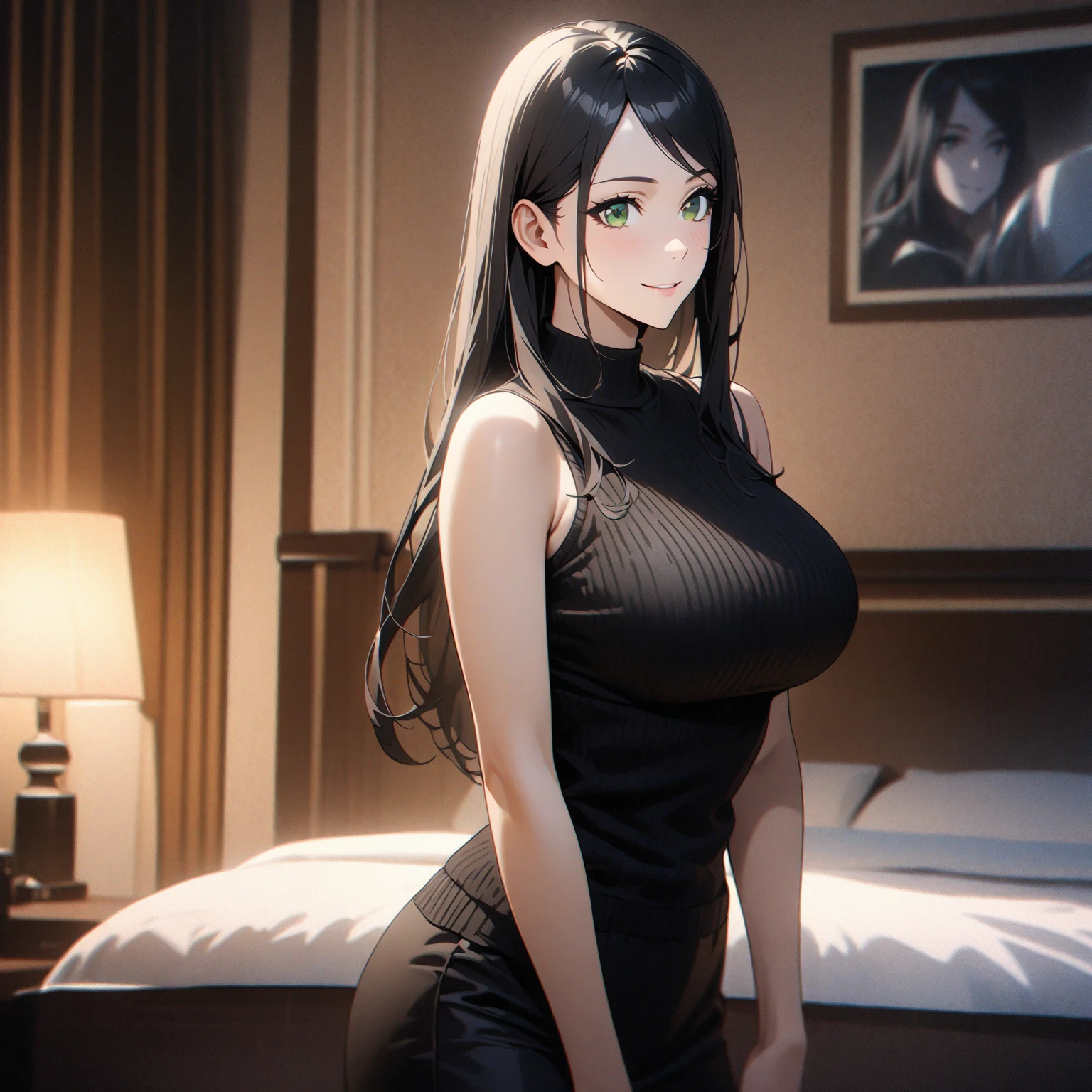 1 milf, long black hair, very big breasts, smiling, blushing
