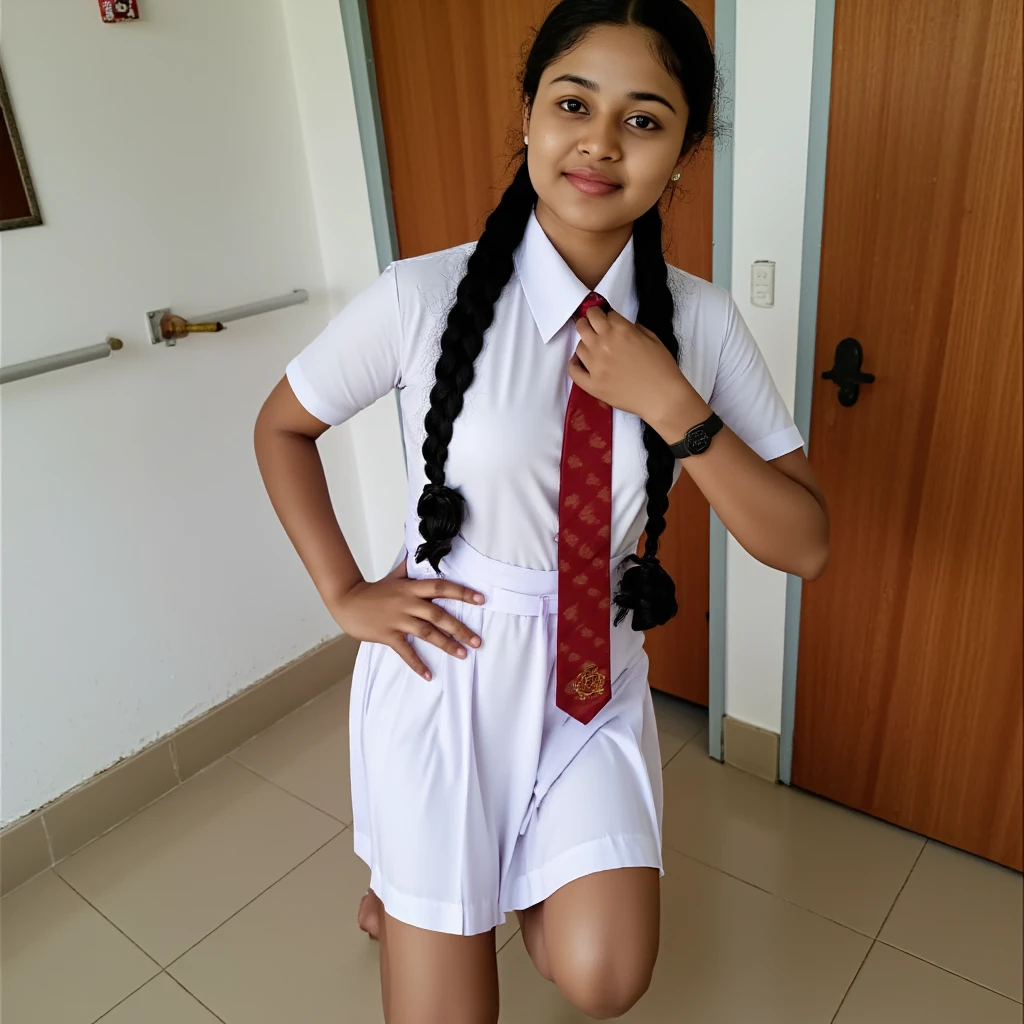 1 Girl, Beautiful, Baby Face, (cute), ((teenager)), ((16 Years Old)), White Skin, ((Indonesian High School Uniform)), ((short uniform skirt)), white sneakers, Classroom, Laughing, mouth closed, (squatting:1.3), squatting cowgirl position, showing pussy, vagina exposed, ((spread legs:1.3)), ((open legs, wide spread)), (arms up:1.2), ((hand behind head:1.2)), ((facing viewer:1.3)), (Brown short hair:1.2), (short hair:1.2), glasses, ((bokeh:1.3)), ((adorable:1.3)), ((masterpiece:1.1)), photo realistic, best quality, hyper detailed, ultra detailed face, ((realistic vagina)), ((hairy pussy:1.2)), ((about to pee)), view of the viewer, ultra detailed and realistic skin texture, film grain, close up, ultra-high resolution, best shadow, RAW, instagram LUT, (NFSW)