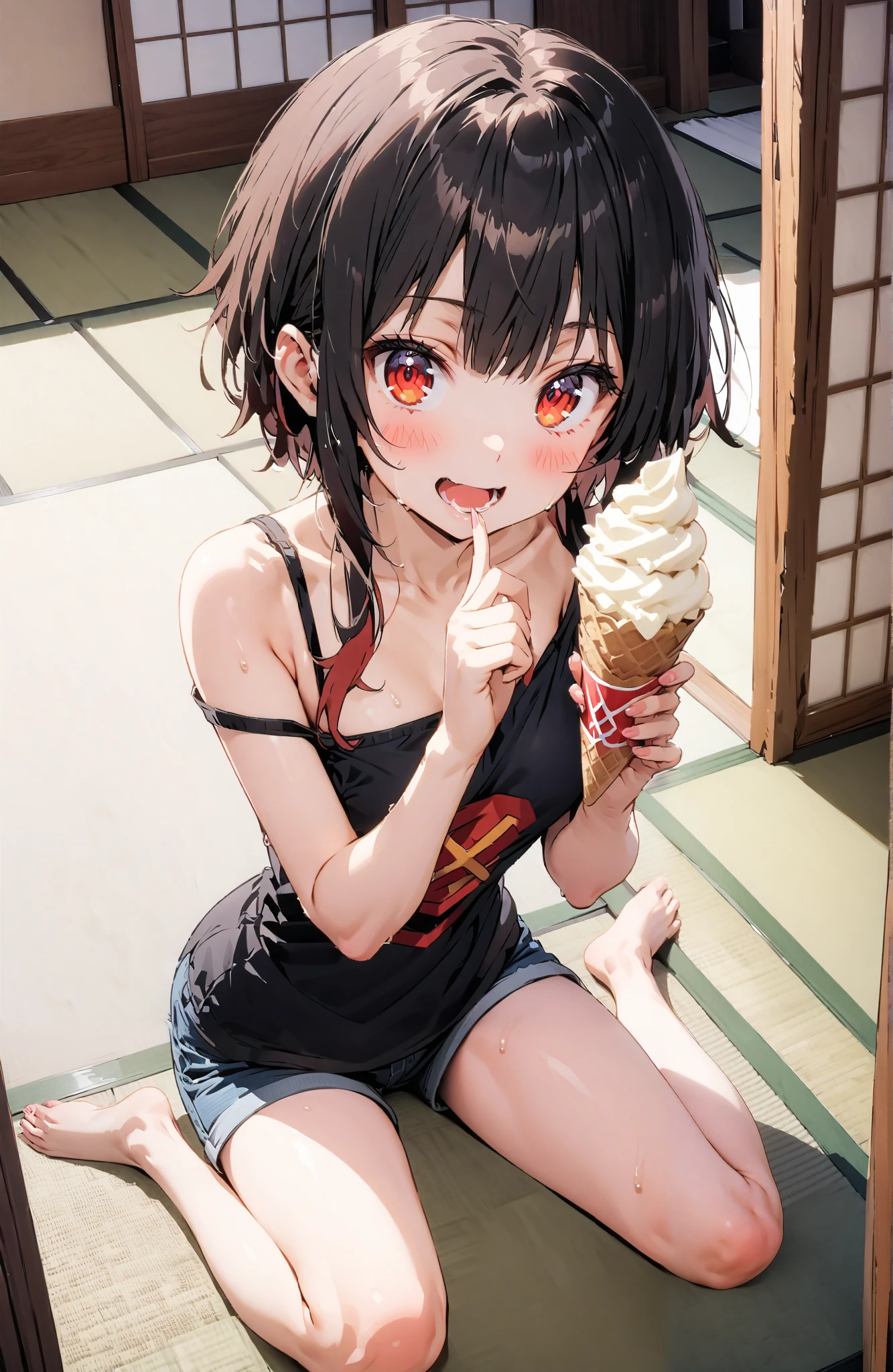 score_9, score_8_up, score_7_up, source_anime,
konosubaMegumin, Megumin, short hair, black hair, red eyes, short hair with long locks,smile,blushes,open their mouths,One-shoulder tank top,denim micro shorts
,Bare legs,Holding soft serve ice cream with one hand,eating soft serve ice cream,sweat, sitting on the veranda,tatami,Japanese-style room,noon,sweat,Japanese Garden,full bodyがイラストに入るように,break indoors,縁側,
break looking at viewer,full body,
break (masterpiece:1.2),top quality , kampala, Unity 8K Wallpaper ,(shape:0.8),( fine, beautiful eyes :1.6),It's a person ,full body写真,CG Details , (perfect hands,complete anatomy),