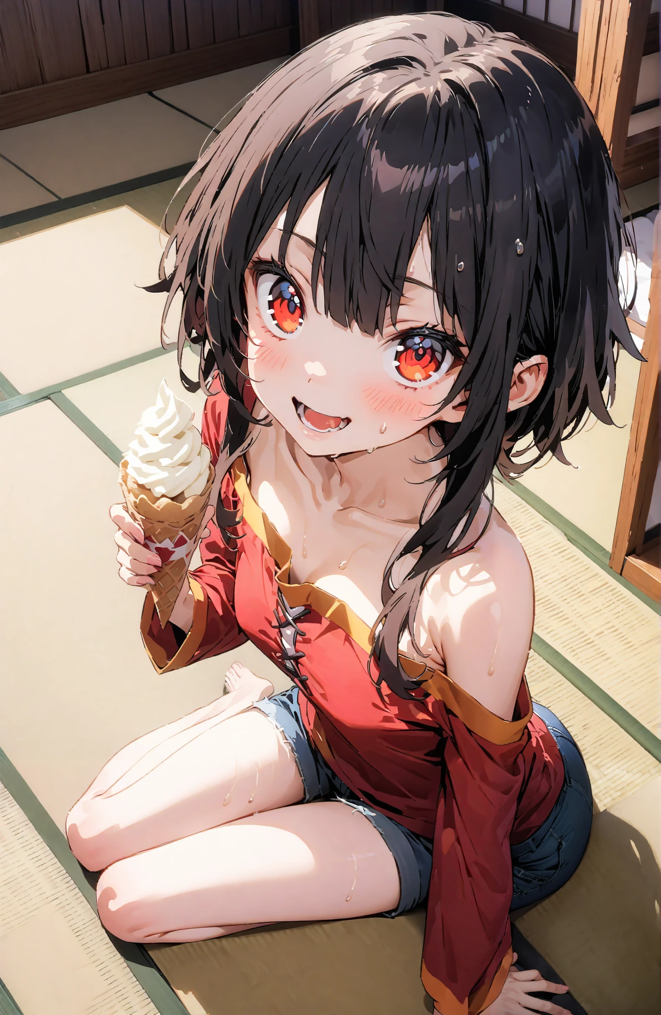 score_9, score_8_up, score_7_up, source_anime,
konosubaMegumin, Megumin, short hair, black hair, red eyes, short hair with long locks,smile,blushes,open their mouths,One-shoulder tank top,denim micro shorts
,Bare legs,Holding soft serve ice cream with one hand,eating soft serve ice cream,sweat, sitting on the veranda,tatami,Japanese-style room,noon,sweat,Japanese Garden,full bodyがイラストに入るように,break indoors,縁側,
break looking at viewer,full body,
break (masterpiece:1.2),top quality , kampala, Unity 8K Wallpaper ,(shape:0.8),( fine, beautiful eyes :1.6),It's a person ,full body写真,CG Details , (perfect hands,complete anatomy),