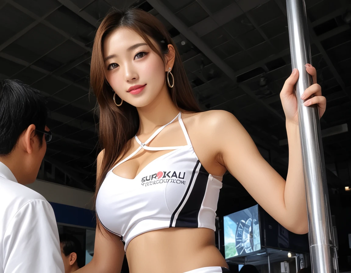 extremely detailed CG unity 8k wallpaper, best quality, ultra-detailed, masterpiece, realistic, photo realistic, extremely detailed cute girl, 25years old,
(Wearing a grid girl outfit with sponsor's logo printed:1.3), (shorts) , (motor Show
), (cleavage), smile , Half body shot ,