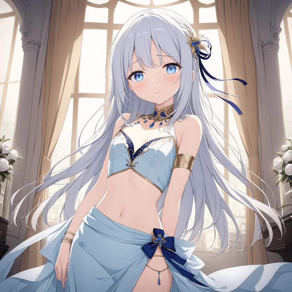 anime artwork , anime style, key visual, vibrant, studio anime, highly detailed, <lora:Detail - add_detail:0.2>, Mylene, white hair, blue eyes, blue hair ribbon, queen, pendant, <lora:Character - MyleneV2:0.8>, cowboy shot, castle, white dress,