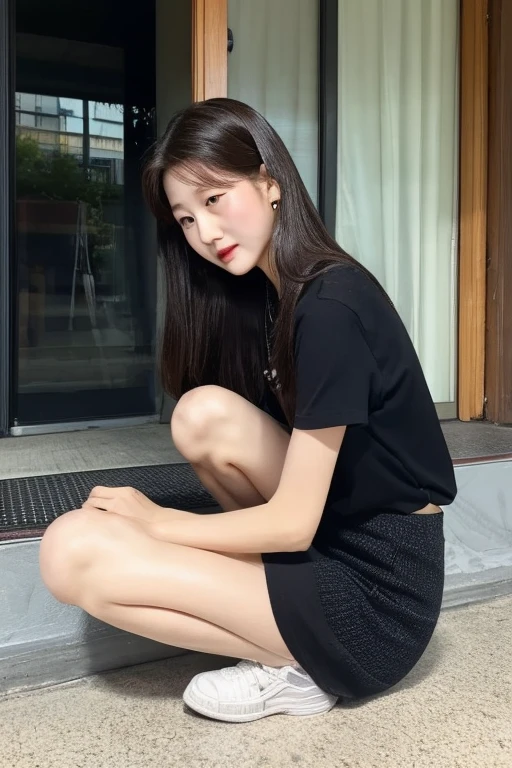 Obra maestra, mejor calidad, Hyper realistic, Cinematic photo, 18 year old girl, ((pale skin)), Polish amazing slim body, ((blusa blanca, negro)), ((negro school shoes)), long wavy brown hair, Piernas delgadas perfectas, Naked body, Caderas anchas, manos perfectas, hermoso rostro, cara perfecta, juvenil, (fondo borroso), estilo moderno, from bebajo, (bajo-angle shoot), bajo_angle_human, imponente, (tiro de cuerpo completo), sentado en las escaleras, tiro por debajo, (Ver visor), mirando al espectador,(8k, epic composition, Fotorrealista, Sharp focus), antecedentes detallados, ((In an empty school)), DSLR, grano de aluminio, sunny day
