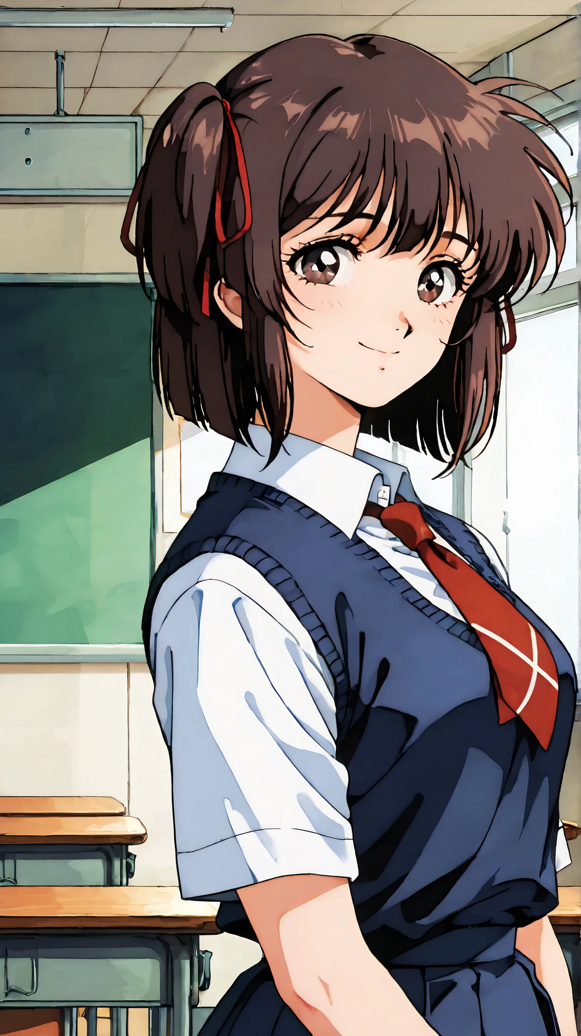 kayo,dark brown eyes,dark brown hair,two side hair,shoulder-length short hair,hair tied thin red ribbons,school uniform,white collared shirt,thin short red necktie,navy blue short pleated skirt,tareme,labiomental sulcus,masterpiece,best quality,amazing quality,ultra detailed, very aesthetic,highres, beautiful detailed hair, beautiful detailed eyes, beautiful detailed face,beautiful,super detailed skin, perfect anatomy,score_9, score_8_up, score_7_up, source_anime,retro art style,[[realistic]],smile,classroom,standing,side view,from side