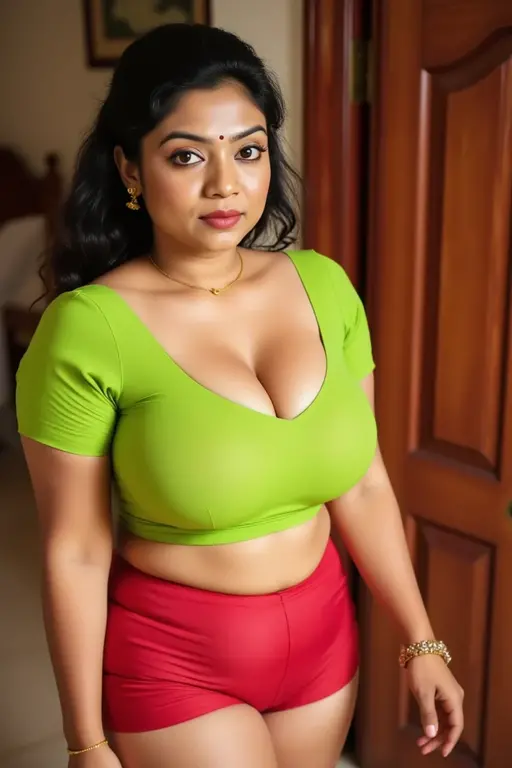 Indian woman masterpiece, best quality, ultra-detailed, (warm hue, warm tone: 1.2), wearing colorful saree blouse, 20 years old, (chubby cheeks:1.1), (curvy body:1.2), (eyeglasses), (bindi), An Indian beauty, charismatic, light Indian- skin, view the viewer, naughty smile, Indian village, cinematic light, Cleavage lighting, ultra high resolution, best shadow, RAW, seductive look, 4k