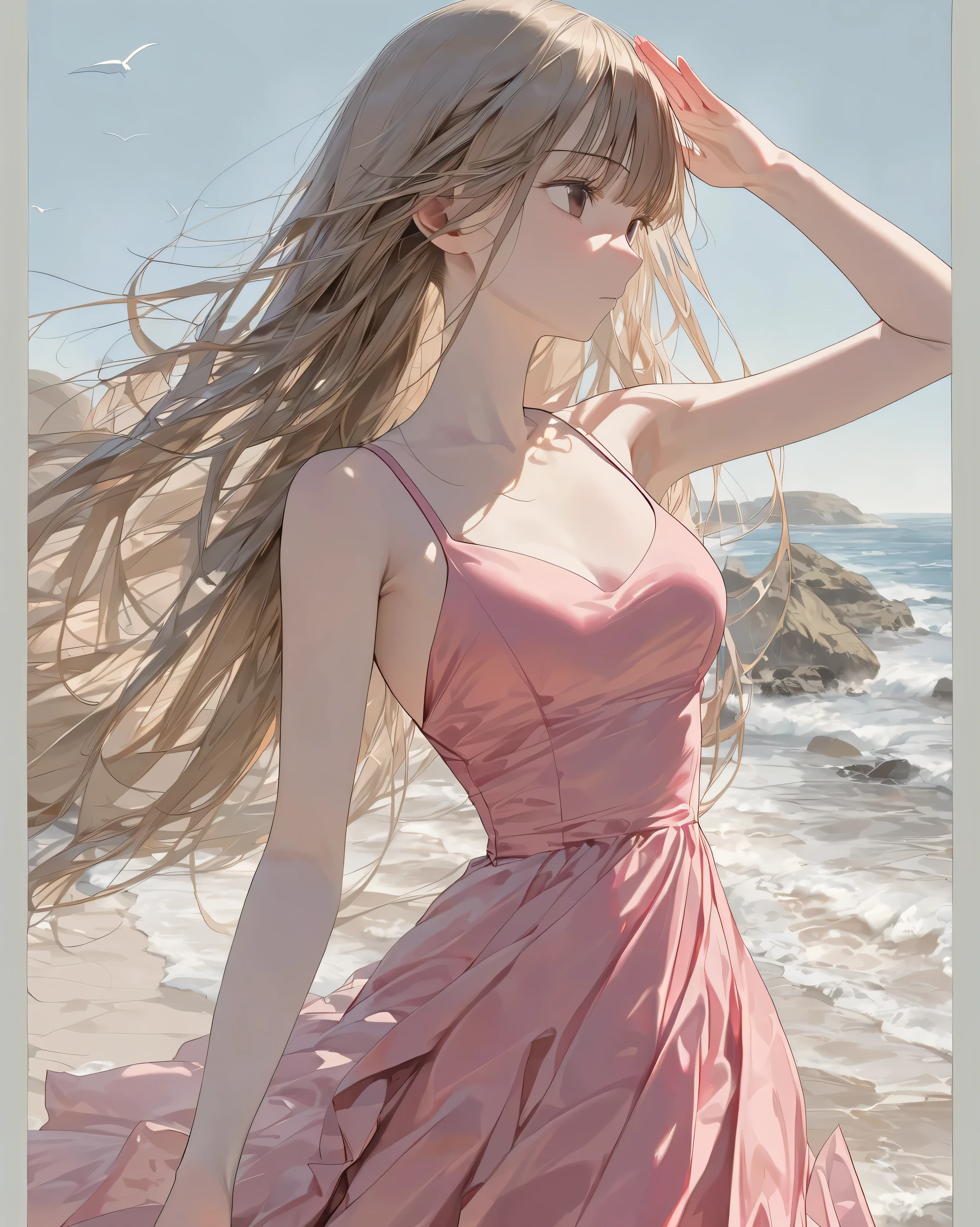 Salute in the eye、profile:1.3、((Girl looking out at the ocean:1.3))、open your eyes、Clear skies、masterpiece, anatomically correct, accurate, 多数の賞を受賞, highest quality, Details, High details, (((pink dress)))、(masterpiece, top quality, very beautiful、complicated、4K、 illustration ),(cowboy shot),(hair fluttering in the wind)、(Slightly surprising),(cute)、( attractive),(head tilt),( slim),precise details, girl,alone、beige long hair 、high definition, quality, very detailed, Ultra-fine, textured skin,  , high definition model, Fantastic、pale tone