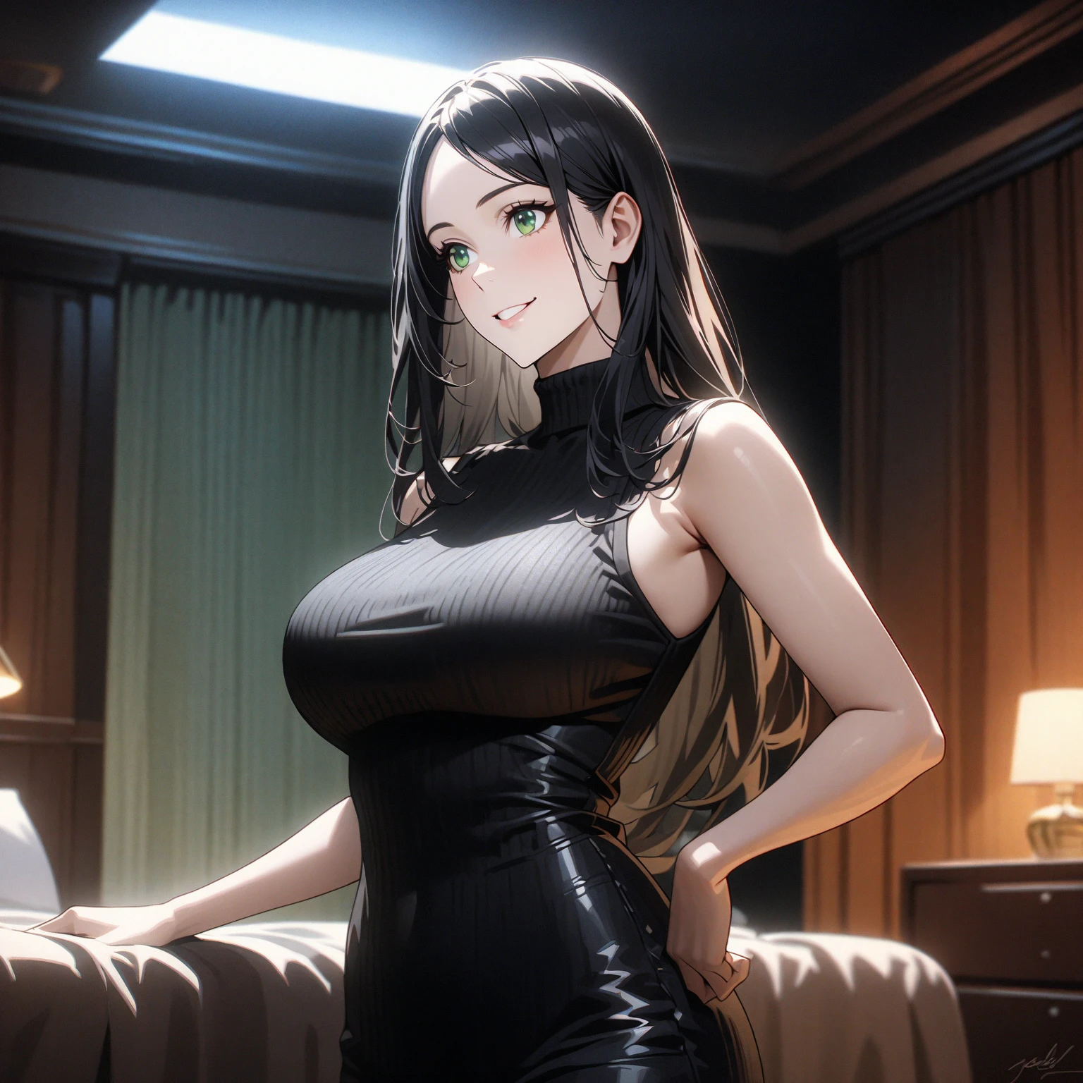 / Brown eyes, long dark hair, / big tits / tight black dress / wall in the background