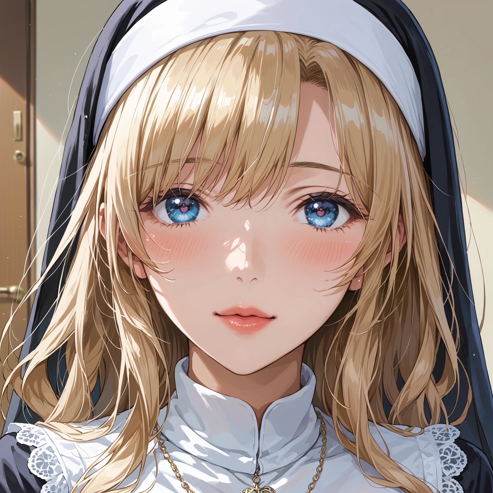 This is extremely detailed , Digital illustration of a young provocative woman in a nun outfit, black cross drawn on plump lips , フォトリアリスティックなスタイルin. The subject is a light-skinned woman with a pale complexion , length, Wavy blonde hair peeking out from under a black and white nun outfit. she's eye-catching , almond-shaped eyes , full, in飾られています。濃いアイライナーinソフトピンク . 彼女のメイクは劇的inす, Apply 、突き刺すような赤い色合いのマスカラApply ました , in、 rose-colored blush on her cheeks . She is white, lace ornament, x} Large胸を際立たせる黒革のコルセット , conspicuous . コルセットは精巧なレースのディテールin飾られており、Large, with ornate cross pendant 。. white head scarf , Super realistic , covers the head 、髪を完全に隠すわけinはありません .(Upper half shading face)