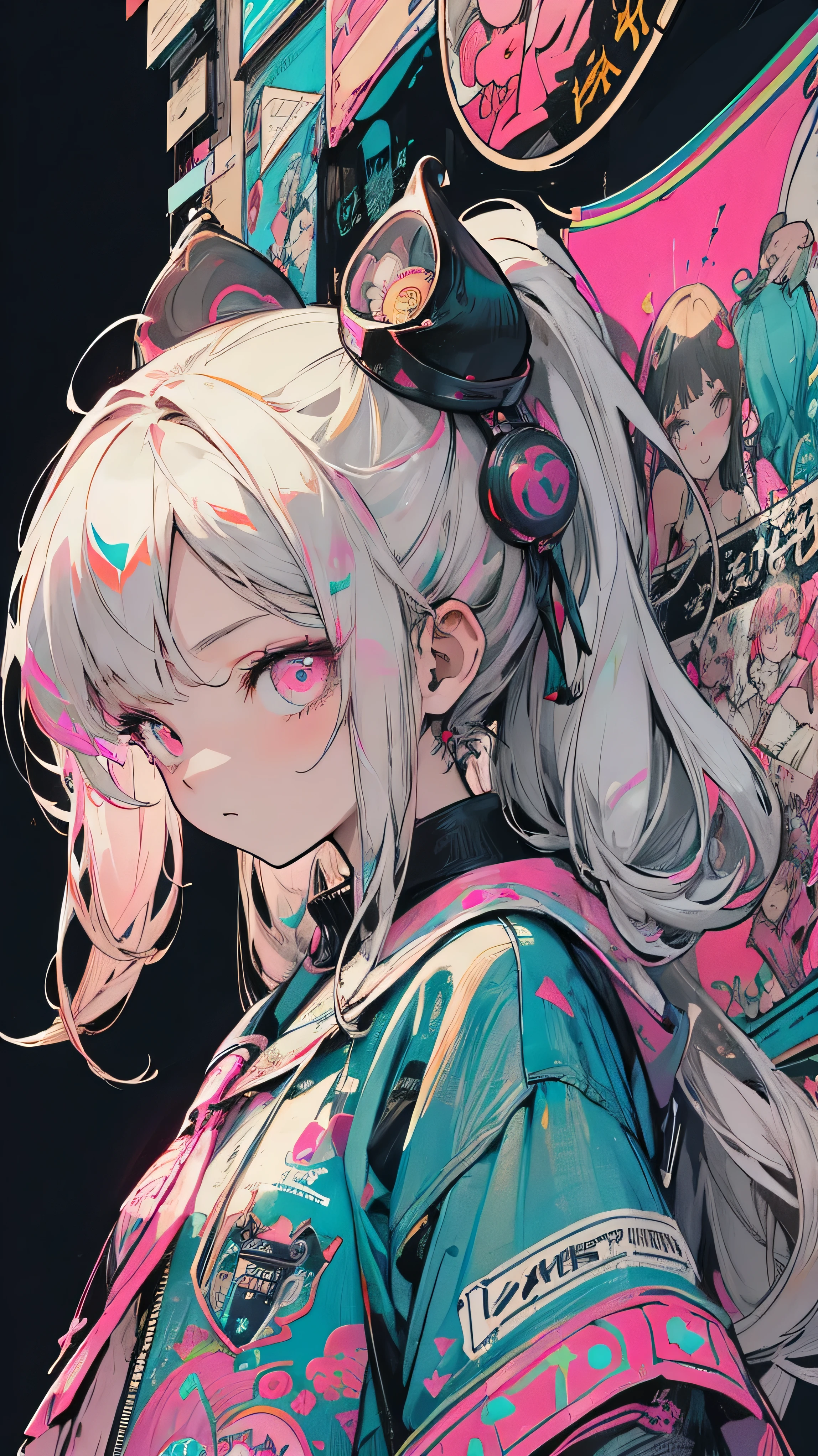Anime girl with headphones and a pink jacket in front of a neon sign ...