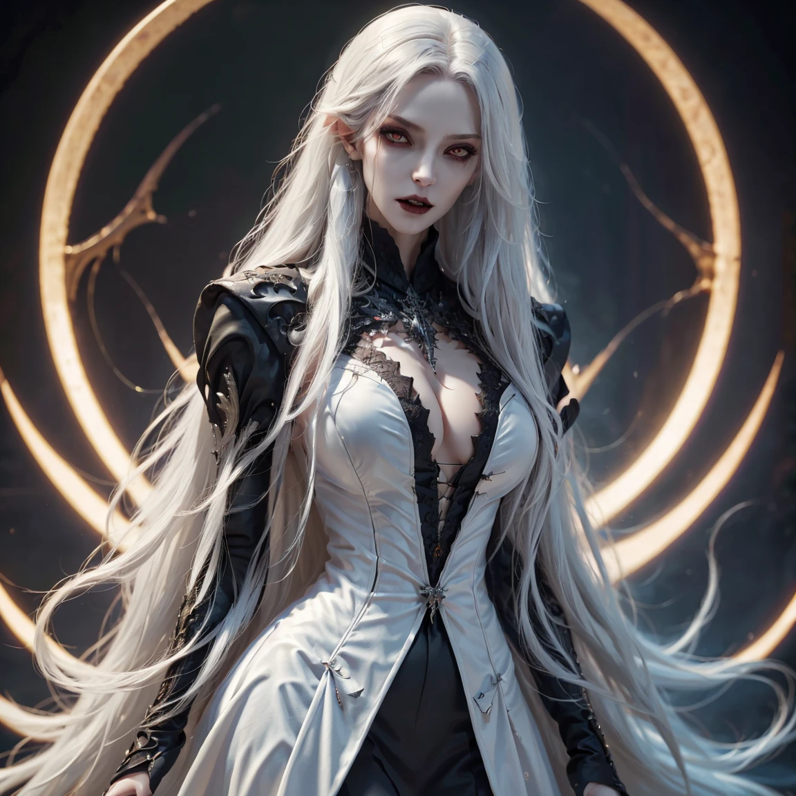 The contrast between the two characters is striking, as if representing a battle between good and evil. The intricate details of the scene, from the veins on the vampire’s hand to the pattern on the dress, create a sense of realism that draws the viewer in.  The influence of the retro pulp art style can be seen in the dynamic composition of the illustration, with its bold lines and dramatic poses. The fantasy element is also present, with the supernatural creatures adding a touch of mystery and intrigue to the scene.  Overall, the illustration is a masterful combination of different artistic styles, showcasing the talent and creativity of the artists involved. It transports the viewer to a world of fantasy and danger, where beauty and horror coexist in a delicate balance. As the scene unfolds, the viewer is able to discern even more intricate details that add to the realism of the illustration. The woman’s dress is made of fine silk, with a delicate floral pattern that shimmers in the soft moonlight. The lace details are intricate, with small beads and pearls sewn into the fabric.  Her hair is a golden cascade, with each strand carefully rendered to create a sense of movement and texture. The vampire’s skin is pale as death, with veins visible just beneath the surface --auto --s2