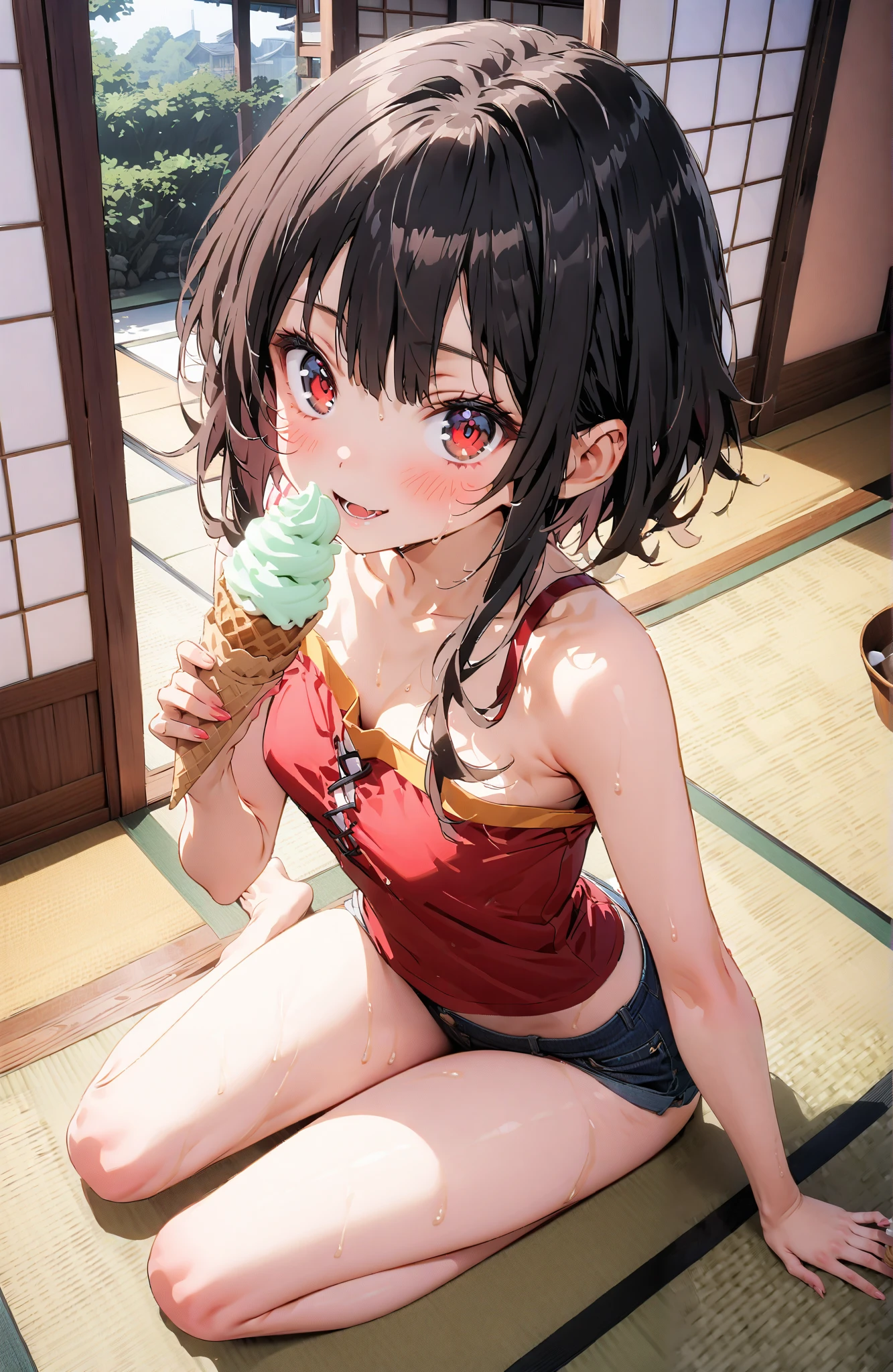 score_9, score_8_up, score_7_up,  source_anime,
konosubaMegumin, Megumin, short hair, black hair, red eyes, short hair with long locks,smile,blushes,open their mouths,One-shoulder tank top,denim micro shorts
,Bare legs,Holding soft serve ice cream with one hand,eating soft serve ice cream,sweat, sitting on the veranda,tatami,Japanese-style room,noon,sweat,Japanese Garden,full bodyがイラストに入るように,break indoors,縁側,
break looking at viewer,full body,
break (masterpiece:1.2),top quality , kampala, Unity 8K Wallpaper ,(shape:0.8),(  fine, beautiful eyes  :1.6),It's a person ,full body写真,CG Details , (perfect hands,complete anatomy),