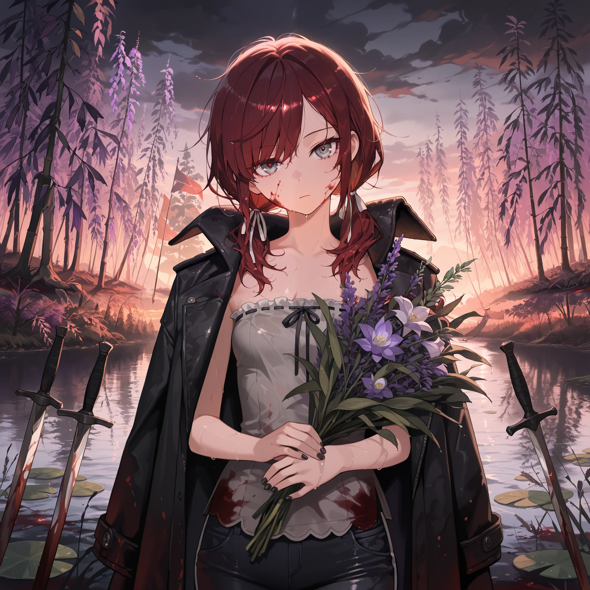 (masterpiece:1.2, Best Quality), (finely detailed beautiful eye: 1.2), (beautiful detailed face), (masterpiece:1.2, Best Quality), (finely detailed beautiful eye: 1.2), (beautiful detailed face), solo, close up, dark aura, shadowy aura, thin girl, holding bouquet of purple flowers, expressionless, :l, Gray eyes, lifeless eyes, blood on face, blood on clothes, head tilt, dark red hair, swept bangs, low twin tails, white ribbons, strapless sleeveless shirt, gray shirt, shirt with white trim, frill trim, black coat worn over shoulders, black jeans, black nails, thin thighs, thin legs, dusk, willow tree leaves, close up, messy hair, stoic, shadowy aura, battlefield, dusk, few stars, dark clouds, puddles, wet clothes, wet skin, wet hair, blood splatters, flags, swords, smoke, willow trees, river, lily pads, tall weeds, walking over dead armored men, blood splatters, stars, charred wasteland,