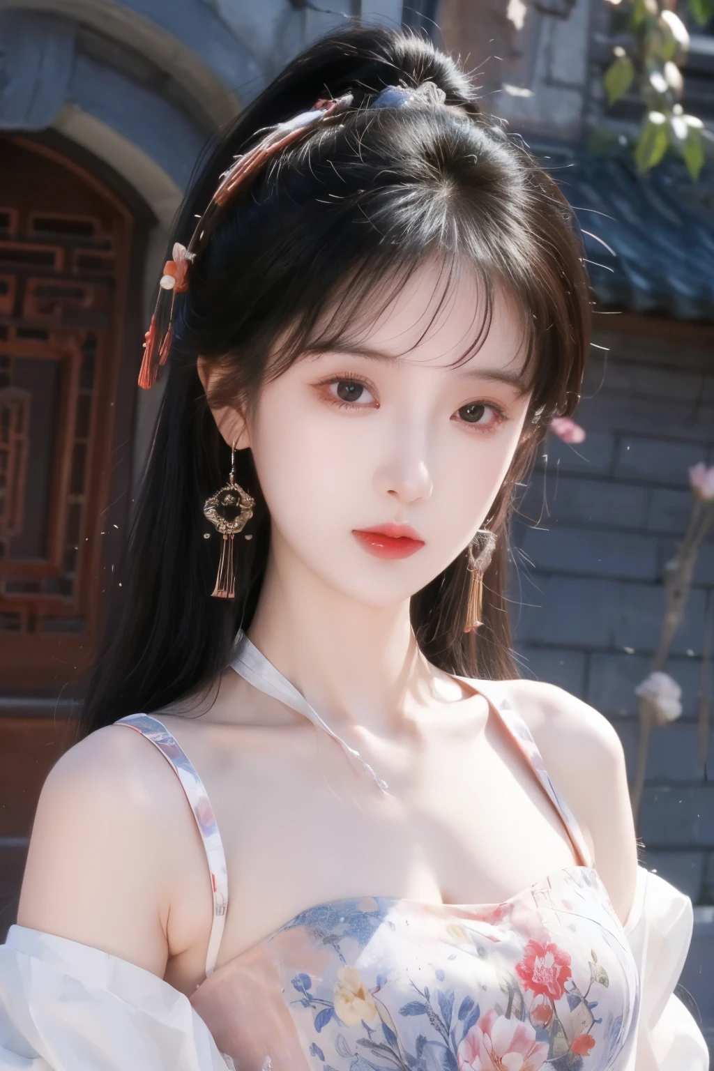 ( masterpiece, top quality, best quality, official art, beautiful and aesthetic:1.2), (1 Girl:1.3), flat chest, extremely detailed,(Fractal Art:1.1),(colorful:1.1)(Flowers:1.3),Highest Detail,(dynamic pose), (background:1.3), (traditional Chinese costume:1.2), (Shiny Skin), ( many colors :1.4), ,(earrings:1.1),