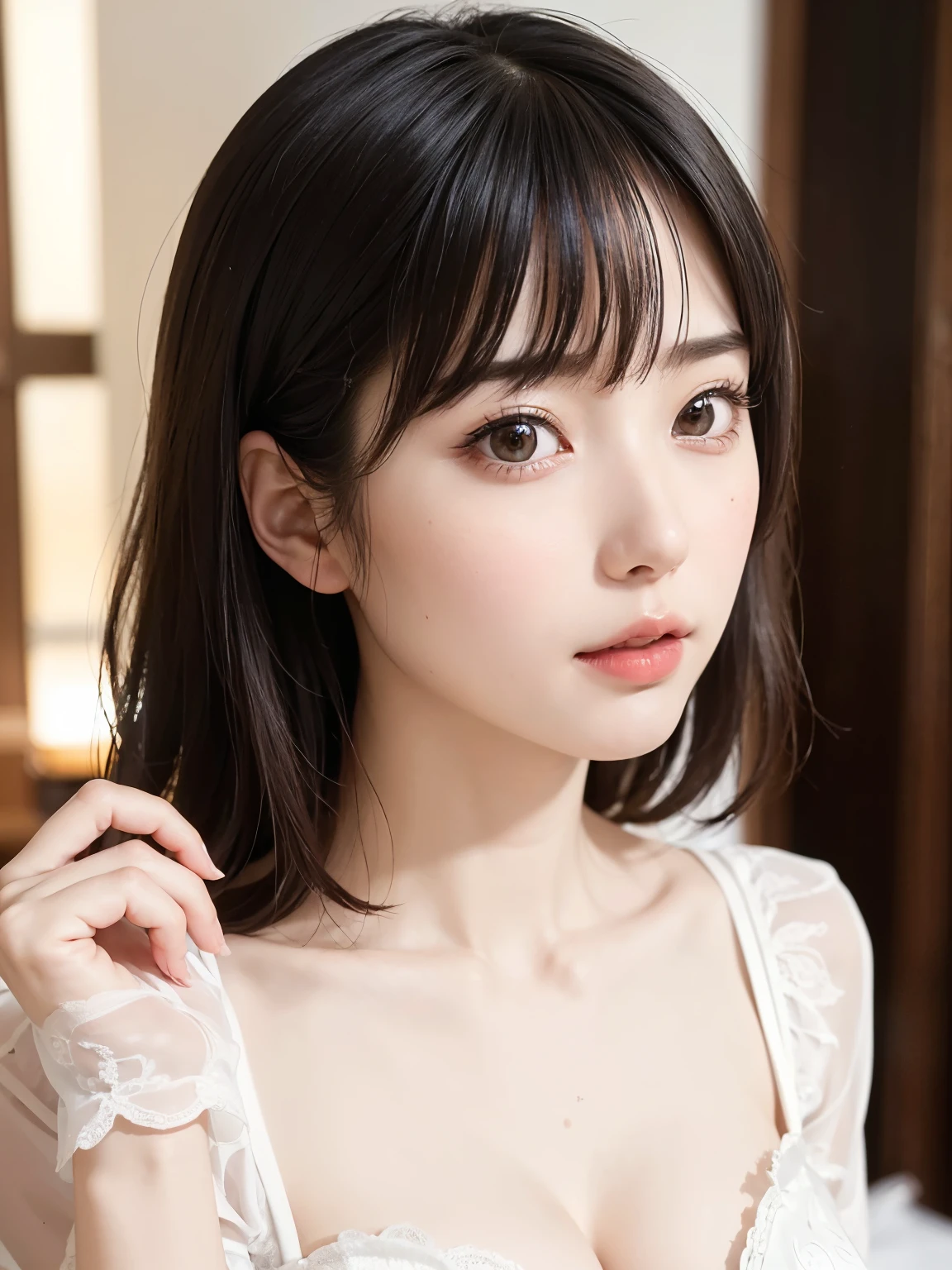 (close:1.5), (Highest quality、4K、masterpiece:1 )、Beautiful woman、Woman 1 Mature Woman Person、Ultra detailed face、Detailed lips、Detailed eyes、double eyelid、Japanese、(RAW Photos、Highest quality)、(Real、Realistic:1.3)、masterpiece、Very delicate and beautiful、Very detailed、Hmph、Unity、8k、Amazing、Detailed explanation、Very detailed、High resolution、Absurd、Soft Light、(Dark black hair、short hair、Curly Hair、Messy Hair、bangs)、Detailed beautiful girl、Detailed fingers、highly Detailed eyess and face、Beautifully detailed nose、Beautiful attention to detail、(Light on the face)、View your viewers、(Closed)mouth:1.2)、1 girl、Adorable、Your natural face、White skin、(Half Body:1.3、Sedentary position)、(Mid-breasted)、Real face、Realなボディ、Waking up、I'm sleeping.、sheer、cardigan、naked、Drooping eyes、Tanuki face