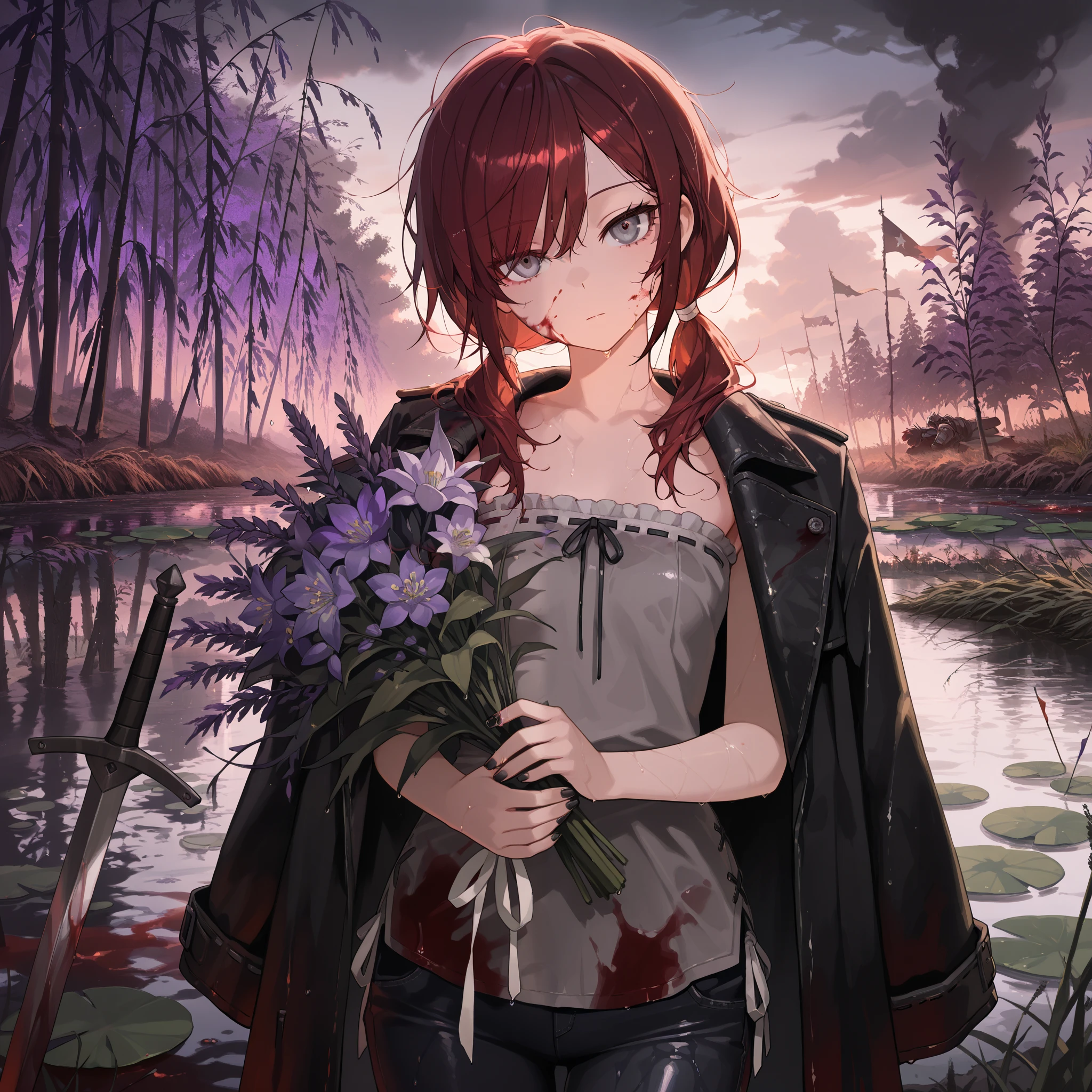 (masterpiece:1.2, Best Quality), (finely detailed beautiful eye: 1.2), (beautiful detailed face), (masterpiece:1.2, Best Quality), (finely detailed beautiful eye: 1.2), (beautiful detailed face), solo, close up, dark aura, shadowy aura, thin girl, holding bouquet of purple flowers, expressionless, :l, Gray eyes, lifeless eyes, blood on face, blood on clothes, head tilt, dark red hair, swept bangs, low twin tails, white ribbons, strapless sleeveless shirt, gray shirt, shirt with white trim, frill trim, black coat worn over shoulders, black jeans, black nails, thin thighs, thin legs, dusk, willow tree leaves, close up, messy hair, stoic, shadowy aura, battlefield, dusk, few stars, dark clouds, puddles, wet clothes, wet skin, wet hair, blood splatters, flags, swords, smoke, willow trees, river, lily pads, tall weeds, walking over dead armored men, blood splatters, stars, charred wasteland,