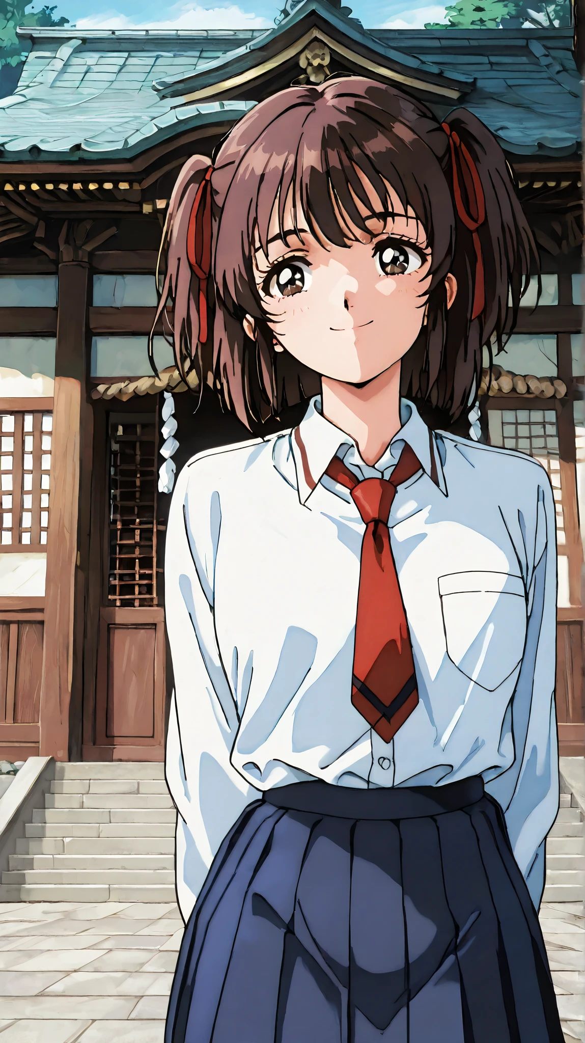 kayo,dark brown eyes,dark brown hair,two side hair,shoulder-length short hair,hair tied thin red ribbons,school uniform,white collared shirt,thin short red necktie,navy blue short pleated skirt,tareme,labiomental sulcus,masterpiece,best quality,amazing quality,ultra detailed, very aesthetic,highres, beautiful detailed hair, beautiful detailed eyes, beautiful detailed face,beautiful,super detailed skin, perfect anatomy,score_9, score_8_up, score_7_up, source_anime,retro art style,[[realistic]],smile,standing,day,japanese temple