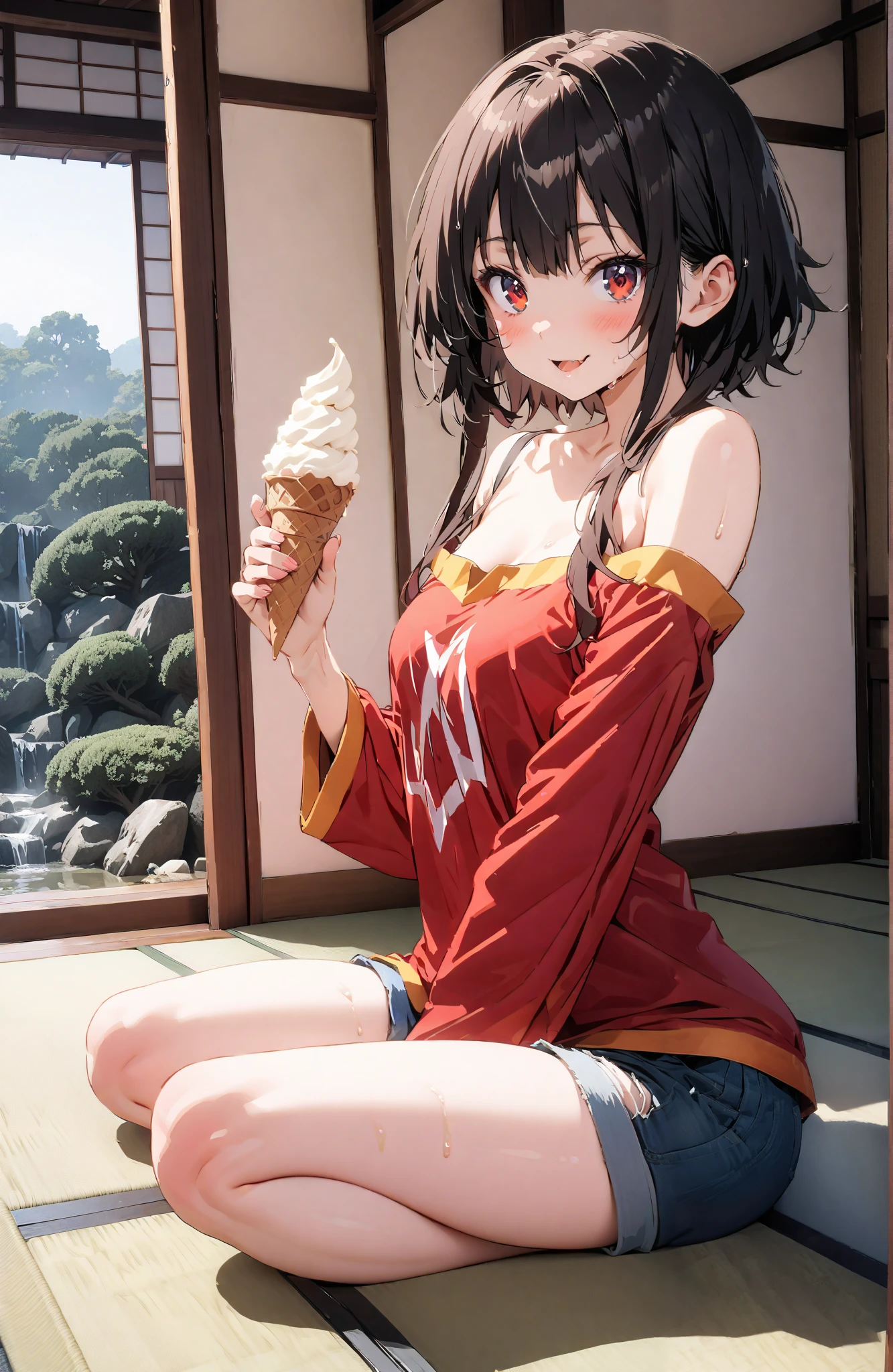 score_9, score_8_up, score_7_up, source_anime,
konosubaMegumin, Megumin, short hair, black hair, red eyes, short hair with long locks,smile,blushes,open their mouths,One-shoulder tank top,denim micro shorts
,Bare legs,Holding soft serve ice cream with one hand,eating soft serve ice cream,sweat, sitting on the veranda,tatami,Japanese-style room,noon,sweat,Japanese Garden,full bodyがイラストに入るように,break indoors,縁側,
break looking at viewer,full body,
break (masterpiece:1.2),top quality , kampala, Unity 8K Wallpaper ,(shape:0.8),( fine, beautiful eyes :1.6),It's a person ,full body写真,CG Details , (perfect hands,complete anatomy),