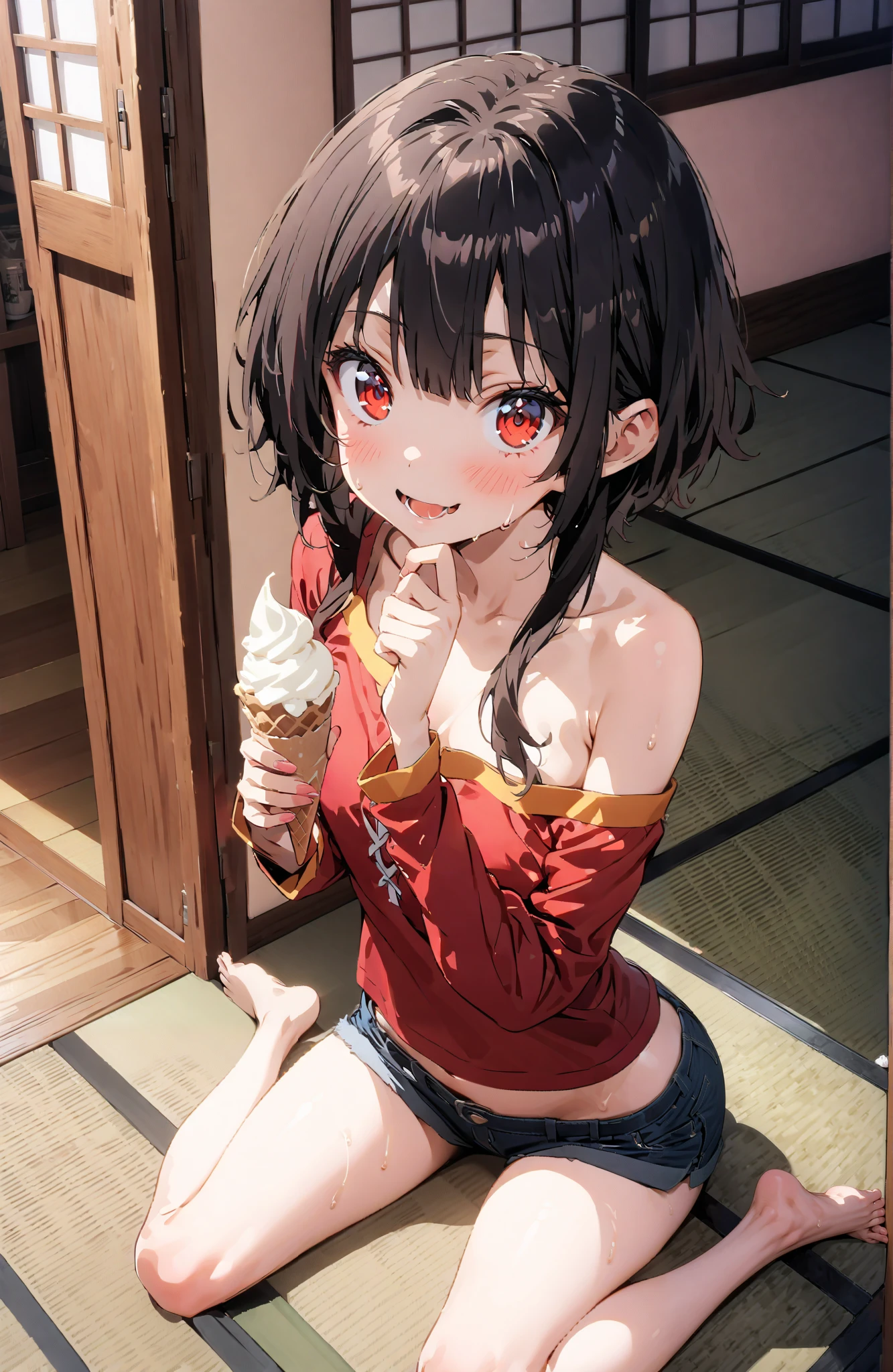 score_9, score_8_up, score_7_up, source_anime,
konosubaMegumin, Megumin, short hair, black hair, red eyes, short hair with long locks,smile,blushes,open their mouths,One-shoulder tank top,denim micro shorts
,Bare legs,Holding soft serve ice cream with one hand,eating soft serve ice cream,sweat, sitting on the veranda,tatami,Japanese-style room,noon,sweat,Japanese Garden,full bodyがイラストに入るように,break indoors,縁側,
break looking at viewer,full body,
break (masterpiece:1.2),top quality , kampala, Unity 8K Wallpaper ,(shape:0.8),( fine, beautiful eyes :1.6),It's a person ,full body写真,CG Details , (perfect hands,complete anatomy),