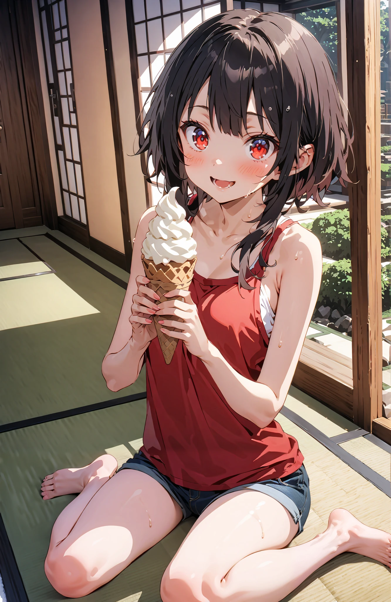 score_9, score_8_up, score_7_up, source_anime,
konosubaMegumin, Megumin, short hair, black hair, red eyes, short hair with long locks,smile,blushes,open their mouths,Loose tank top,denim micro shorts
,Bare legs,Holding soft serve ice cream with one hand,eating soft serve ice cream,sweat, sitting on the veranda,tatami,Japanese-style room,noon,sweat,Japanese Garden,full bodyがイラストに入るように,break indoors,縁側,
break looking at viewer,full body,
break (masterpiece:1.2),top quality , kampala, Unity 8K Wallpaper ,(shape:0.8),( fine, beautiful eyes :1.6),It's a person ,full body写真,CG Details , (perfect hands,complete anatomy),