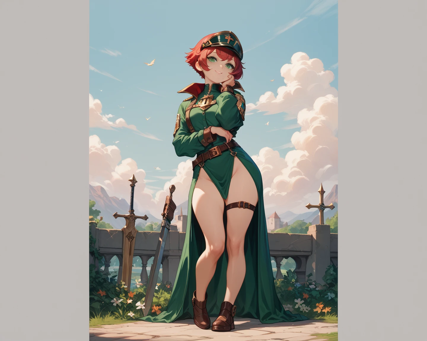 anime style, highest quality, woman about 30 years old, Short tousled hair, in military clothes of a PMC fighter with a skull patch on his arm, In Unloading, belt with pouches, in a beret, sits on one knee by a tree in the forest