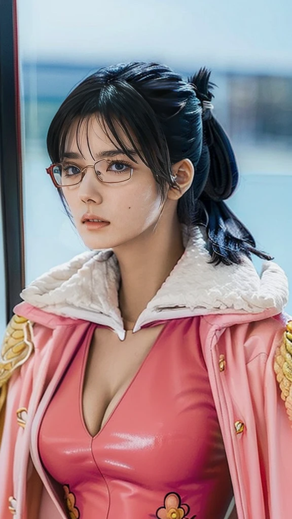 1girl, white face, straight hair, archipelago background, (perfect hands, perfect anatomy), (adjusting eyewear:1.2), masterpiece, best quality, tashigi, black eyes, folded ponytail, eyewear on head, coat on shoulders, purple shirt, blue pants, cowboy shot, looking at viewer, flower, crossed arms, large breasts, from above, serious, sitting, beautiful and delicate face, fair skin, real skin, (detail face), goose egg face, pores, super high resolution, 8k, parameters Best quality, masterpiece, super high resolution, (Realistic 2.0), More details, detailed skin, sunset