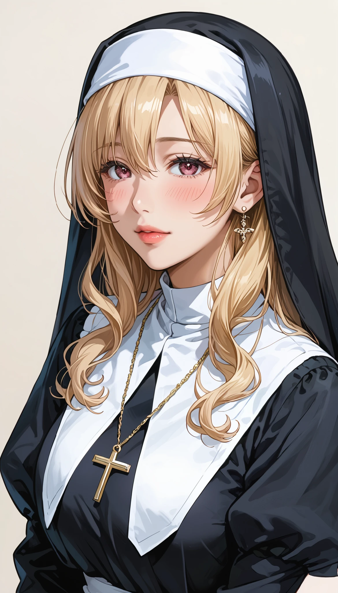 This is extremely detailed , Digital illustration of a young provocative woman in a nun outfit, black cross drawn on plump lips , フォトリアリスティックなスタイルin. The subject is a light-skinned woman with a pale complexion , length, Wavy blonde hair peeking out from under a black and white nun outfit. she's eye-catching , almond-shaped eyes , full, in飾られています。濃いアイライナーinソフトピンク . 彼女のメイクは劇的inす, Apply 、突き刺すような赤い色合いのマスカラApply ました , in、 rose-colored blush on her cheeks . She is white, lace ornament, x} Large胸を際立たせる黒革のコルセット , conspicuous . コルセットは精巧なレースのディテールin飾られており、Large, with ornate cross pendant 。. white head scarf , Super realistic , covers the head 、髪を完全に隠すわけinはありません .(Upper half shading face)