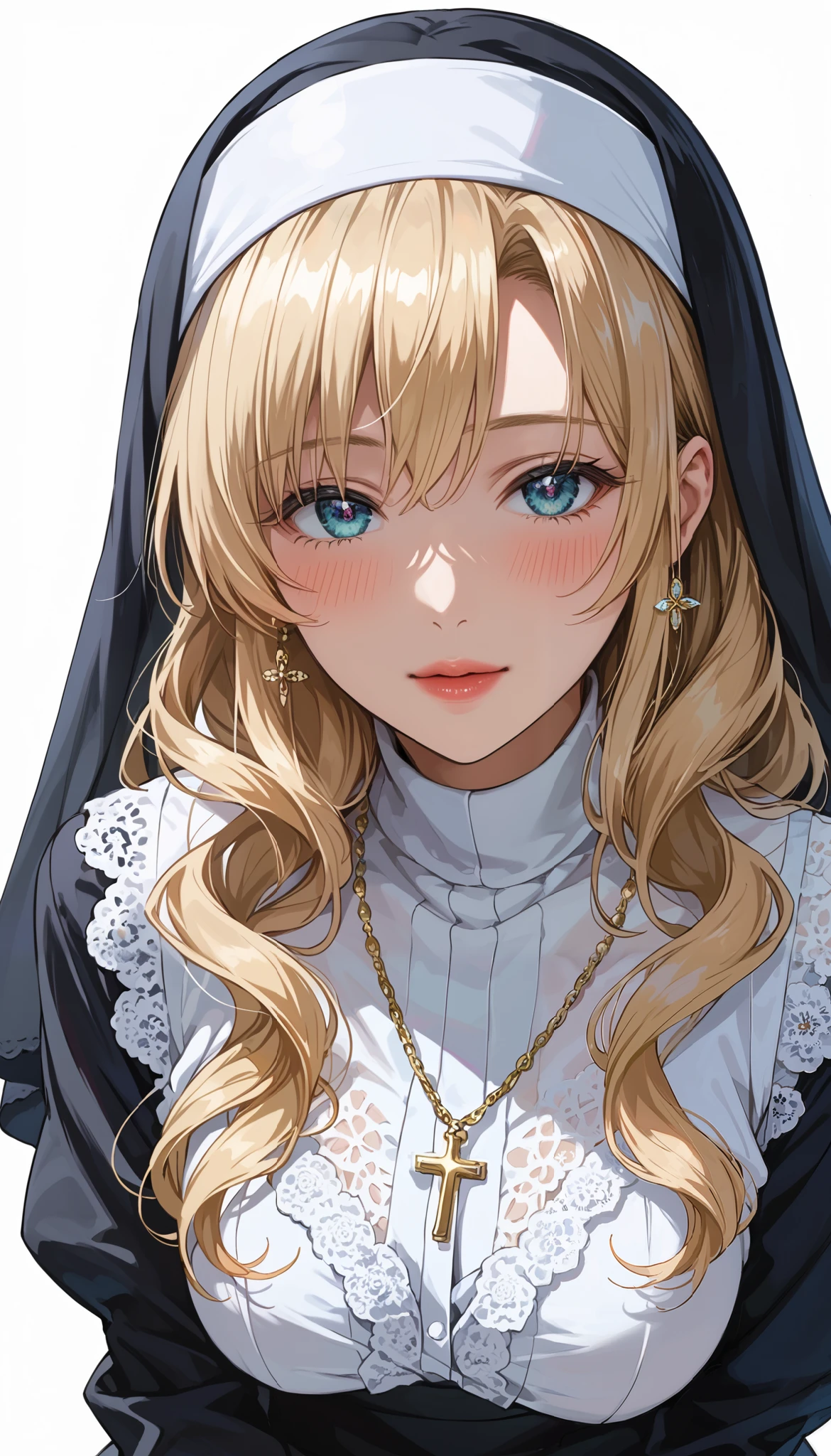 This is extremely detailed , Digital illustration of a young provocative woman in a nun outfit, black cross drawn on plump lips , フォトリアリスティックなスタイルin. The subject is a light-skinned woman with a pale complexion , length, Wavy blonde hair peeking out from under a black and white nun outfit. she's eye-catching , almond-shaped eyes , full, in飾られています。濃いアイライナーinソフトピンク . 彼女のメイクは劇的inす, Apply 、突き刺すような赤い色合いのマスカラApply ました , in、 rose-colored blush on her cheeks . She is white, lace ornament, x} Large胸を際立たせる黒革のコルセット , conspicuous . コルセットは精巧なレースのディテールin飾られており、Large, with ornate cross pendant 。. white head scarf , Super realistic , covers the head 、髪を完全に隠すわけinはありません .(Upper half shading face)