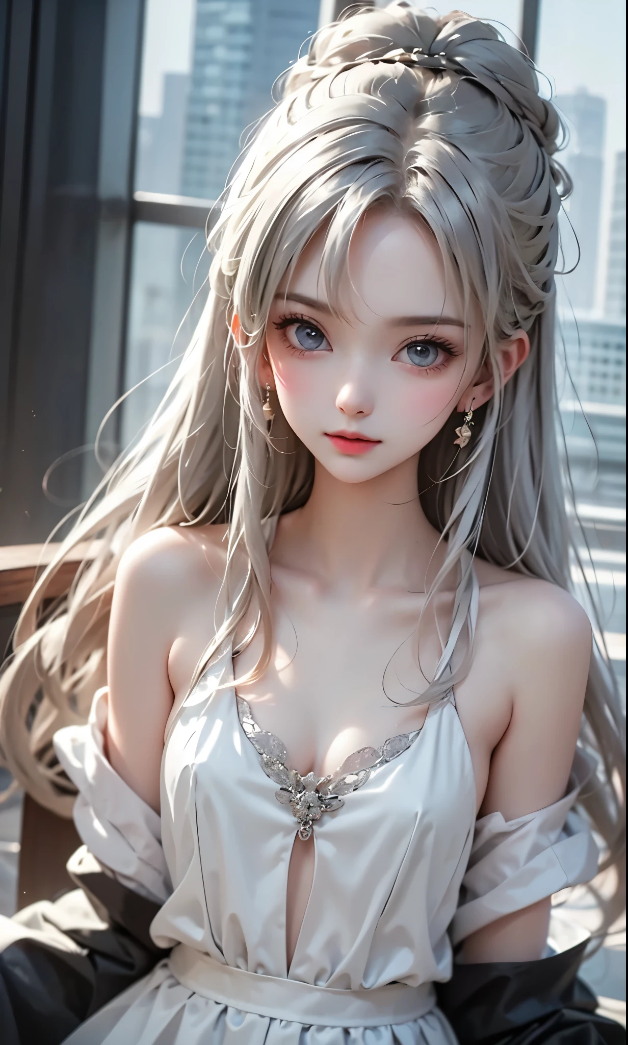 black and white color scheme, sexy girl ,immature , small,Silvery Curly Hair、sitting, upper body