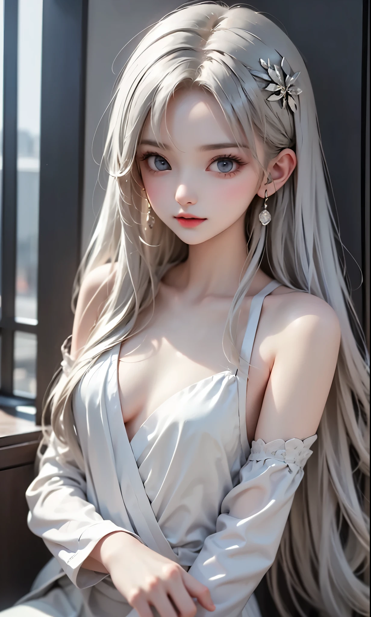 White hair and cat ears、Green eyes、full of shyness、red blush、Medium chest、Bare legged、Shoulder、doress、from side view、highly contrast、Soft light、masuter piece、Extraordinary lovely anime girl,1girl in, Solo, masutepiece, lalafell, pointy ear, Full body,Brown-skinned ,Katyusha ,Brown-skinned ,