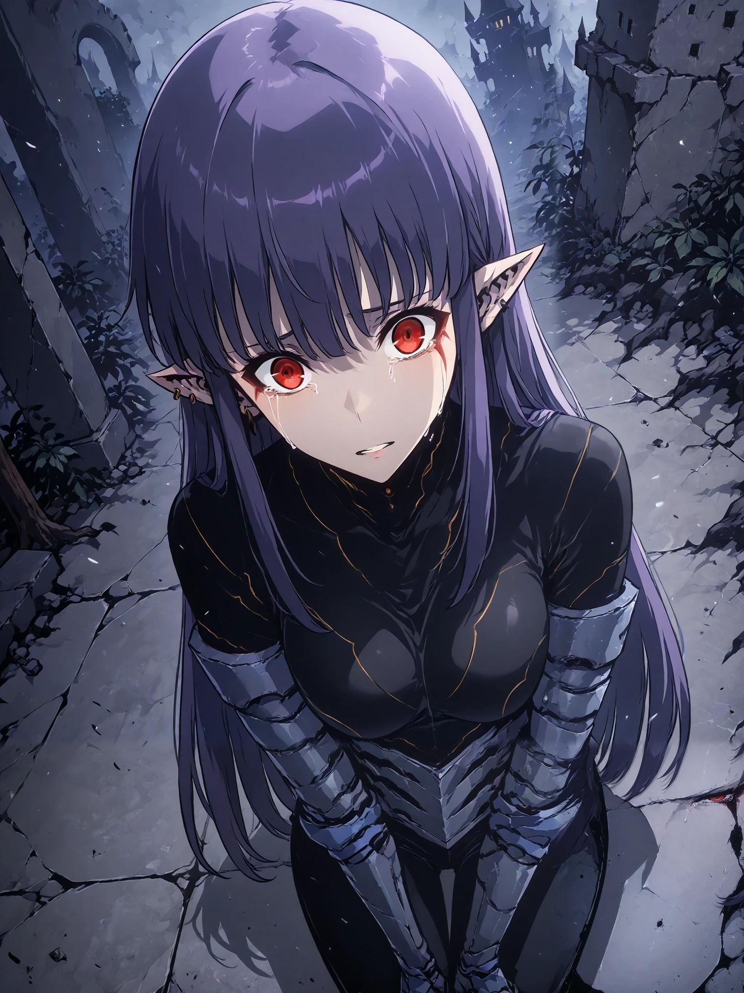 1girl, solo, esil radiru, beautiful, crying heavily, tears, plain black shirt, plain black pants, slender body, medium breasts, crimson eyes, highly detailed eyes, expressive eyes, natural eye shape, iris with visible details, anatomically correct, super detailed, high details, intricate details, accurate, dynamic angle, dynamic poses, highres, absurdres, (masterpiece:1.5), (best quality:1.2), amazing quality, 4k, demon castle, looking away from viewer, face buried, huddled over, hugging knees, sitting down on the floor