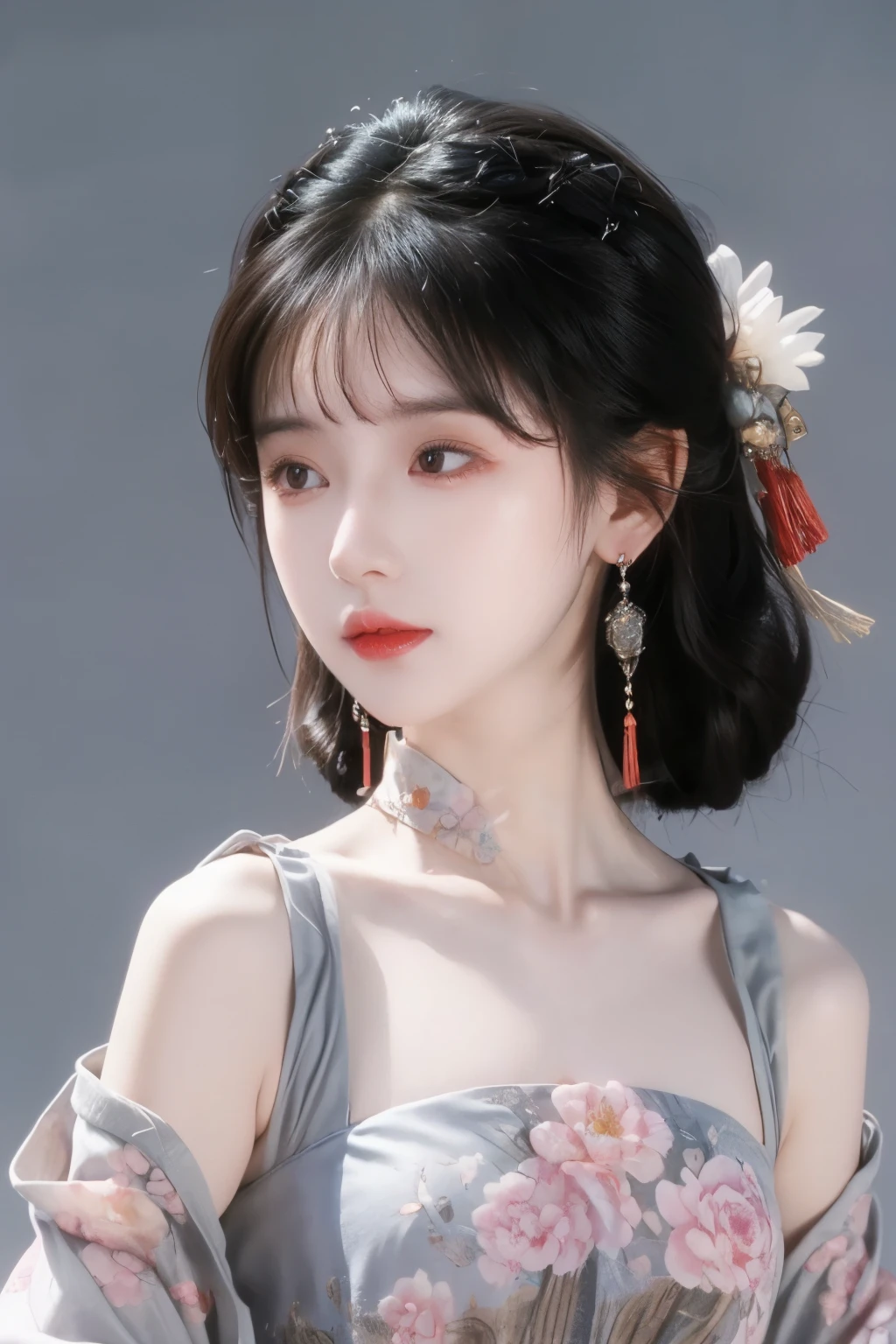 ( masterpiece, top quality, best quality, official art, beautiful and aesthetic:1.2), (1 Girl:1.3), flat chest, extremely detailed,(Fractal Art:1.1),(colorful:1.1)(Flowers:1.3),Highest Detail,(dynamic pose), (grey background:1.3), (traditional Chinese costume:1.2), (Shiny Skin), ( many colors :1.4), ,(earrings:1.1),