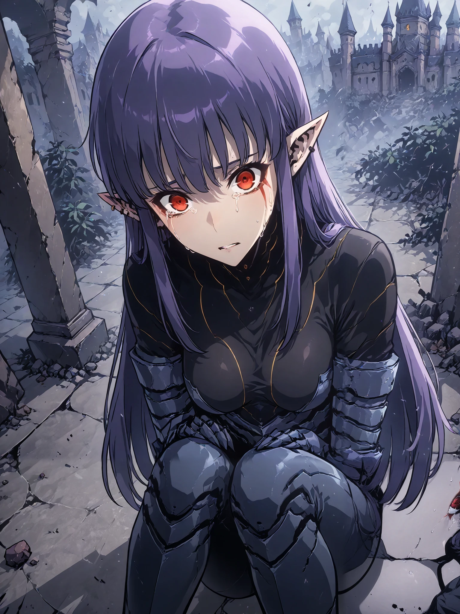 1girl, solo, esil radiru, beautiful, crying heavily, tears, plain black shirt, plain black pants, slender body, medium breasts, crimson eyes, highly detailed eyes, expressive eyes, natural eye shape, iris with visible details, anatomically correct, super detailed, high details, intricate details, accurate, dynamic angle, dynamic poses, highres, absurdres, (masterpiece:1.5), (best quality:1.2), amazing quality, 4k, demon castle, looking away from viewer, face buried, huddled over, hugging knees, sitting down on the floor
