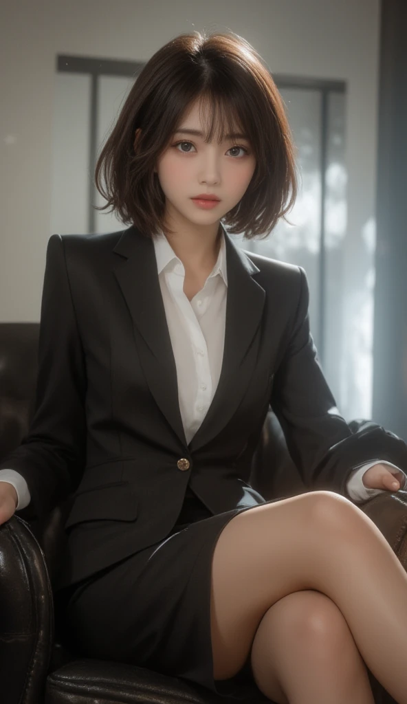 absurdres, RAW photo, extremely delicate and beautiful, masterpiece, Best Quality, ultra high resolution, 32k, hyper realistic, ultra-detailed, Very detailed CG 8k wallpaper, detailed background, landscape, Beautiful Lighting, Perfect Lightning, Realistic Shadows, perfect anatomy, anatomically correct, ideal ratio body proportions, perfect figure, Perfect Style, Perfect balance, super Detailed skin, in her 10s, very Slim body, narrow waist, very small head, very small face, delicate facial features, handsome detailed woman, very detailed eyes and face, realistic face proportions, Realistic beautiful face, Realistic beautiful eyes, tearful mole, earring, (very huge round tits), medium short hair, asymmetrical hair, wavy hair, clavicle, (blazer), (collared shirt), dress shirt, button shirt, bare legs, whole legs, office lady suit,