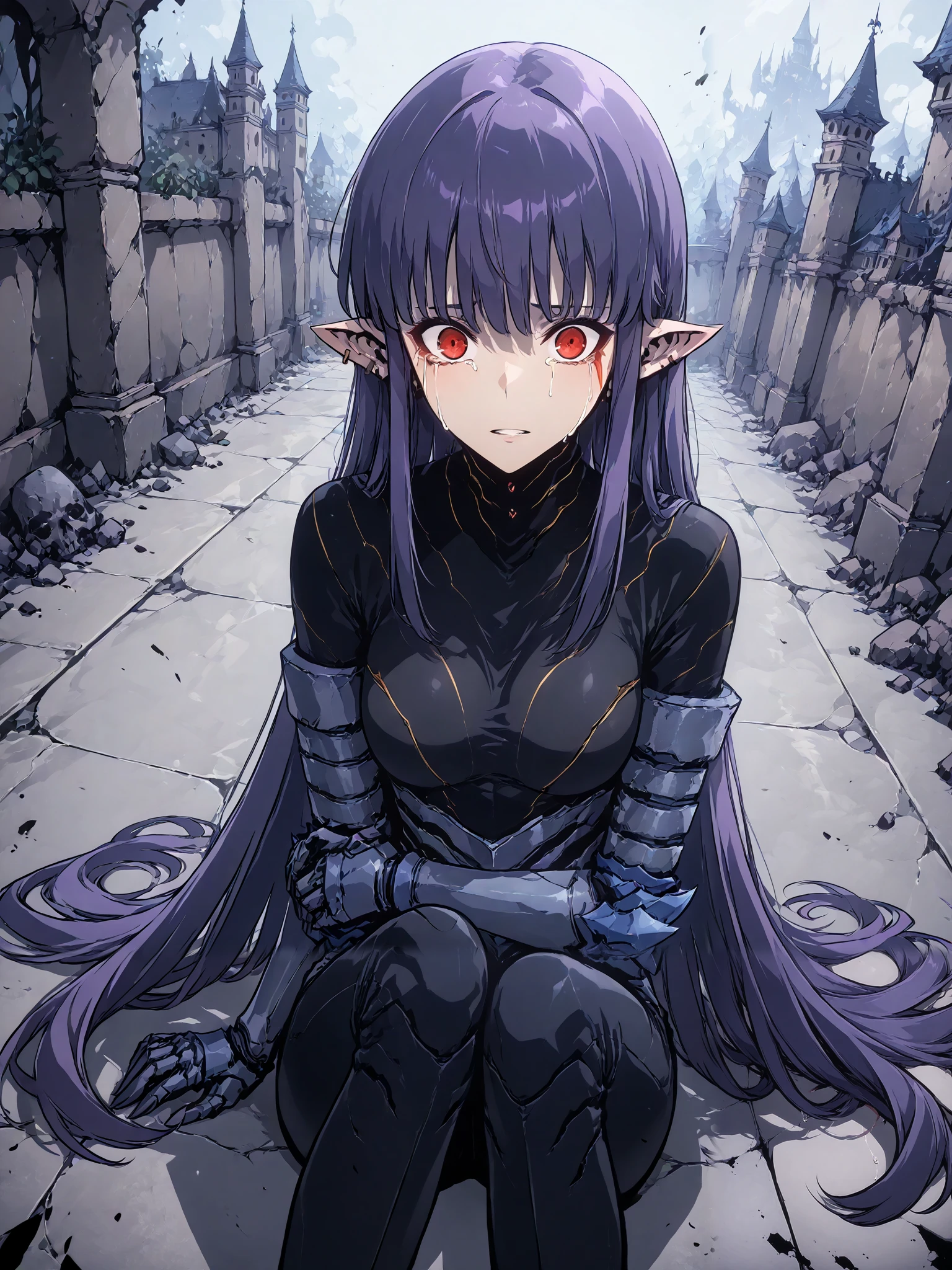 1girl, solo, esil radiru, beautiful, crying heavily, tears, plain black shirt, plain black pants, slender body, medium breasts, crimson eyes, highly detailed eyes, expressive eyes, natural eye shape, iris with visible details, anatomically correct, super detailed, high details, intricate details, accurate, dynamic angle, dynamic poses, highres, absurdres, (masterpiece:1.5), (best quality:1.2), amazing quality, 4k, demon castle, looking away from viewer, face buried, huddled over, hugging knees, sitting down on the floor