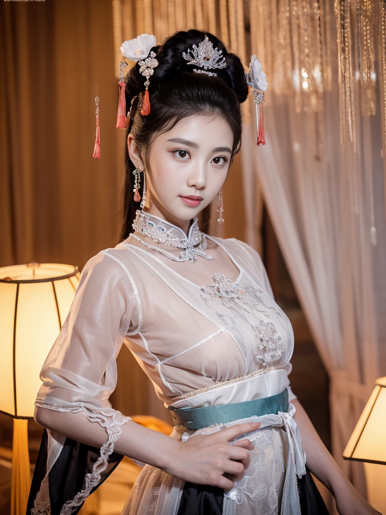 masterpiece, best quality, 1 girl, solitary, ((aldult)),(Huge breasts), Long hair,(Siamese transparent black silk),Happy, Looking at the audience, (precise、Perfect face shape:1.3),(Beautiful five fingers),(Crotch front display),Ultra HD,Ray Tracing,,reflected light, Correct structure,The award-winning,High Detail,Reduce shadow contrast,Facial lighting ,Cinema Lighting,masterpiece,Super Detail,high quality,High Detail, best quality,16K,High contrast,Close-up of woman, Queen of the Sea Mu Yanling, A young woman playing, Chinese Empress, yun ling, song nan li, , gujian, Peking Opera, zhao yun, Chinese Princess