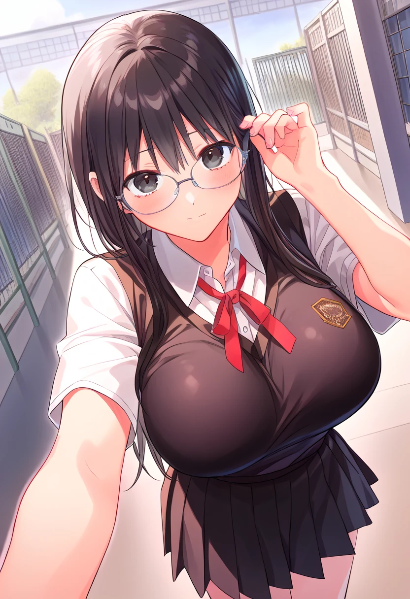 1girl,alone,sumireko sanshokuin,masterpiece,best quality,anime screenshot,black hair,red barrette,blue eyes,black glasses,medium hair,school,library,standing,good lighting,no-shirt , cleavage, black bike shorts, short shorts, black shoes, embarrassed, seductive, smiling, closed mouth, sexy body, big breasts, medium waist, medium thighs, round butt, looking at the viewer, from front, pov (from below), NFSW, exposed breast, showing nipple, lewd, sexy, (((showing breast))), ((nude)), ultra focus on breast, lewd, horny, (naked)