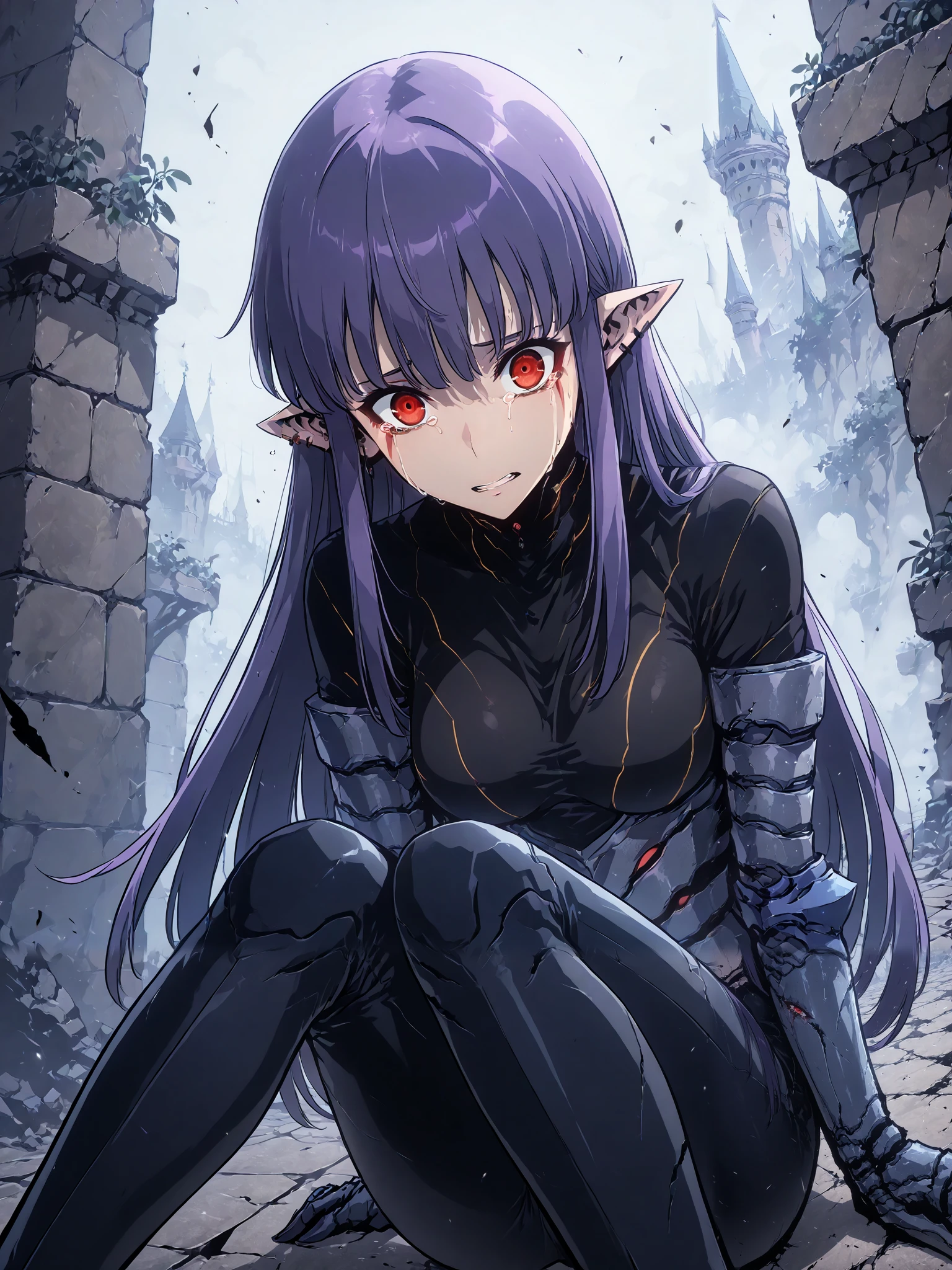 1girl, solo, esil radiru, beautiful, crying heavily, tears, plain black shirt, plain black pants, slender body, medium breasts, crimson eyes, highly detailed eyes, expressive eyes, natural eye shape, iris with visible details, anatomically correct, super detailed, high details, intricate details, accurate, dynamic angle, dynamic poses, highres, absurdres, (masterpiece:1.5), (best quality:1.2), amazing quality, 4k, demon castle, looking away from viewer, face buried, huddled over, hugging knees, sitting down on the floor