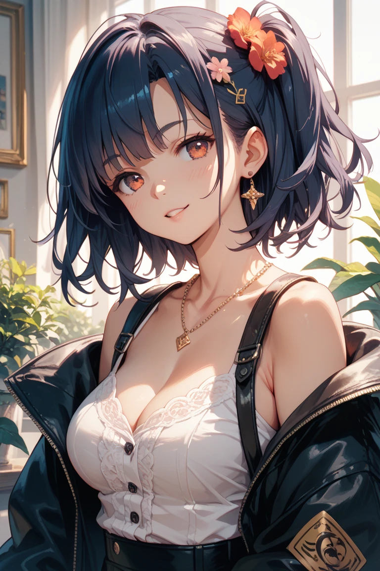(Best quality, 8k, 32k, Masterpiece, UHD,:1.2),RAW, 1girl,ultra cute , natural lighting,transparent shining eyes, 20yo,medium breast ,fair complexion, medium breast, short hair, flushed face, Tartan, sleek, monochrome maxi skirt in pale blue ,mini skirt, fitted black camisole, Layer simple high-quality off-sholder knit cardigan in a contrasting shade, minimalist belt to cinch the waist, at park, Emphasizing the Cleavage , from above, breast, sitting cross-legged at cafe