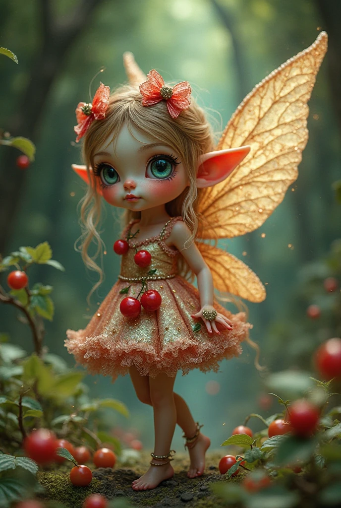 ( Absurd, High quality, ultra-detailed, masterpiece, concept art, smooth, highly detailed artwork, hyper-realistic painting ) , tiny little girl, Raspberry girl, Raspberries, fairy wings, fairytale, Romantic, Vivid, whole body, in wonderland, own unique