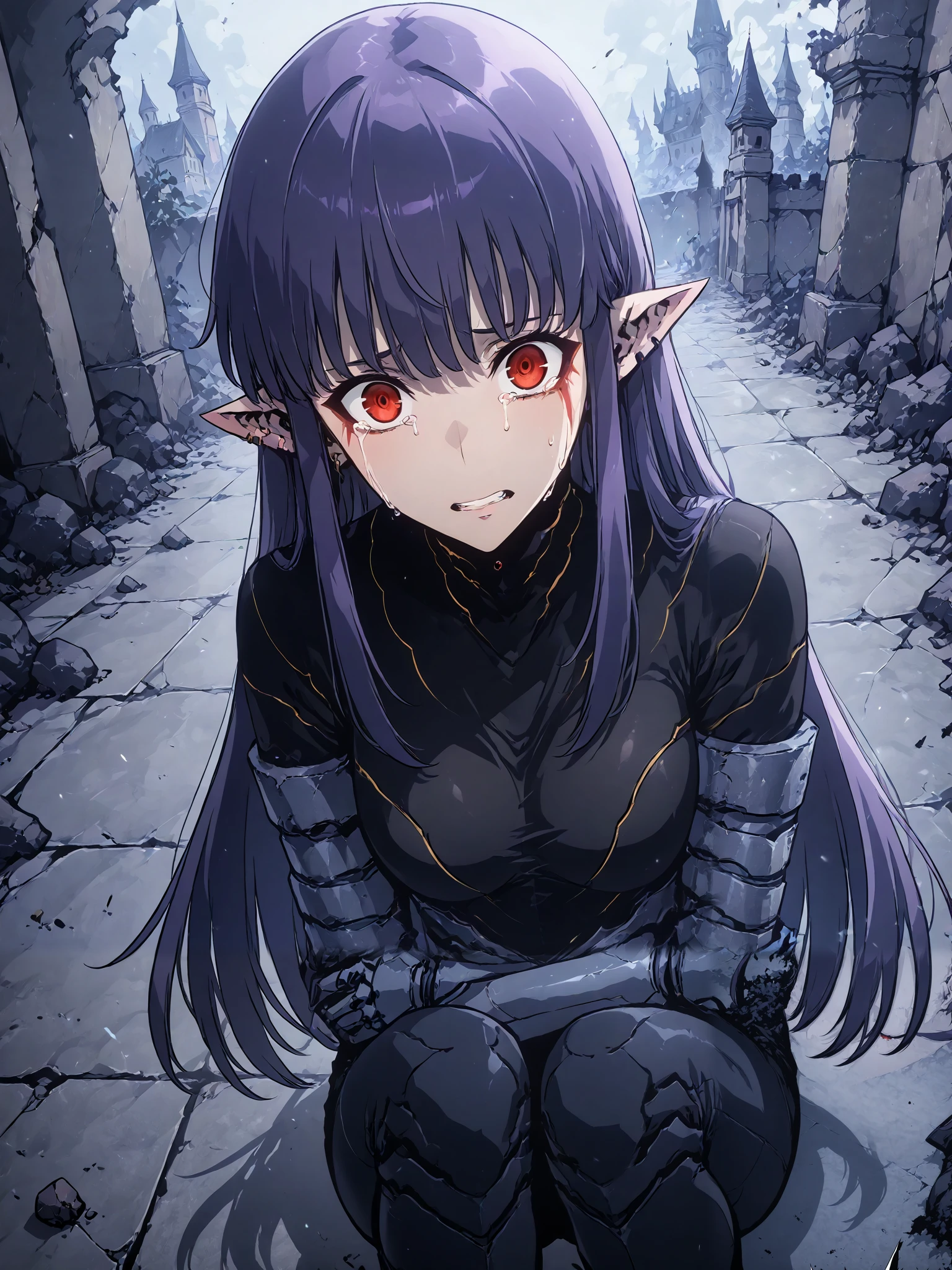 1girl, solo, esil radiru, beautiful, crying heavily, tears, plain black shirt, plain black pants, slender body, medium breasts, crimson eyes, highly detailed eyes, expressive eyes, natural eye shape, iris with visible details, anatomically correct, super detailed, high details, intricate details, accurate, dynamic angle, dynamic poses, highres, absurdres, (masterpiece:1.5), (best quality:1.2), amazing quality, 4k, demon castle, looking away from viewer, face buried, huddled over, hugging knees, sitting down on the floor