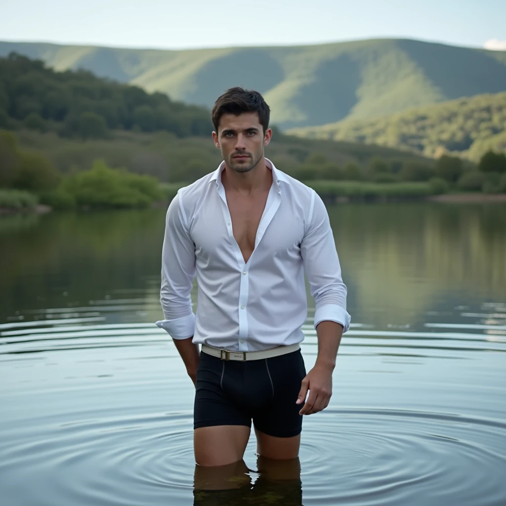 A white man, at 3, model type, with short dark hair, with clear eyes, wearing a full black shirt and black boxers, posing sideways, looking at the camera and showing her ass in a lake in Alentejo