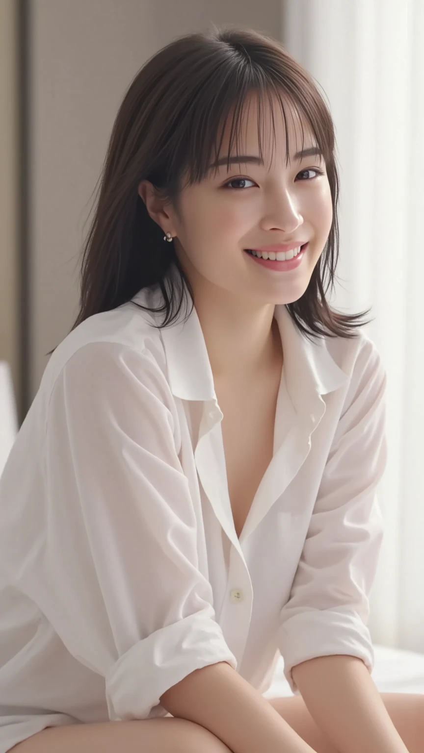 Very detailed 8k wallpaper)、sharp focus、in detail、Drama、head to knees、Delicate and beautiful 、sixteen years old、Sheer white shirt、translucent shirt、red underwear、Quite short skirt、large round breasts 、short bob hair、hair adornments、Beautiful and sexy、innocent smile、solo、Beautiful graphics、Bright school building、Full of students、clean legs、long legs,
