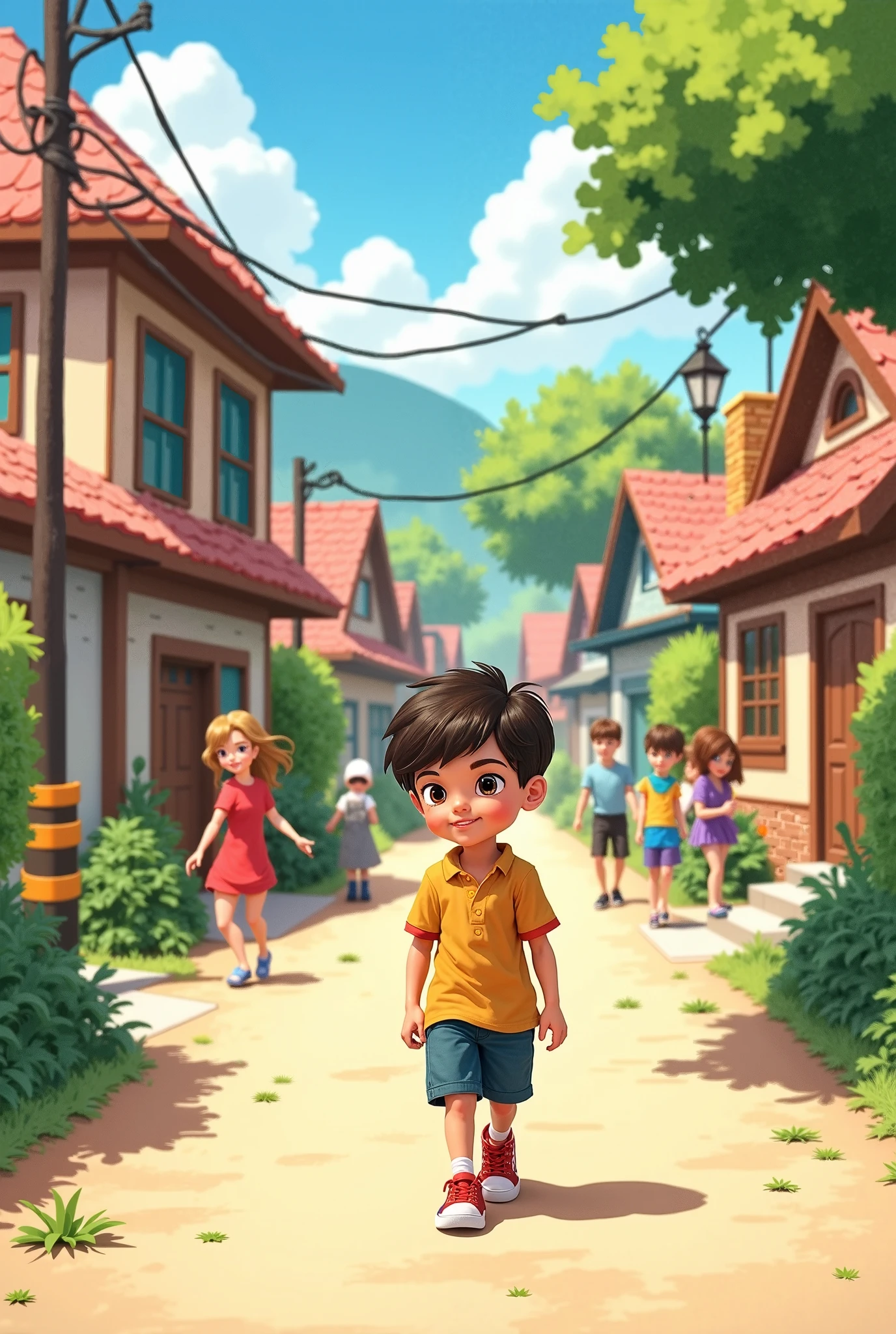 Cartoon boy walking down a street with a bunch of kids - SeaArt AI