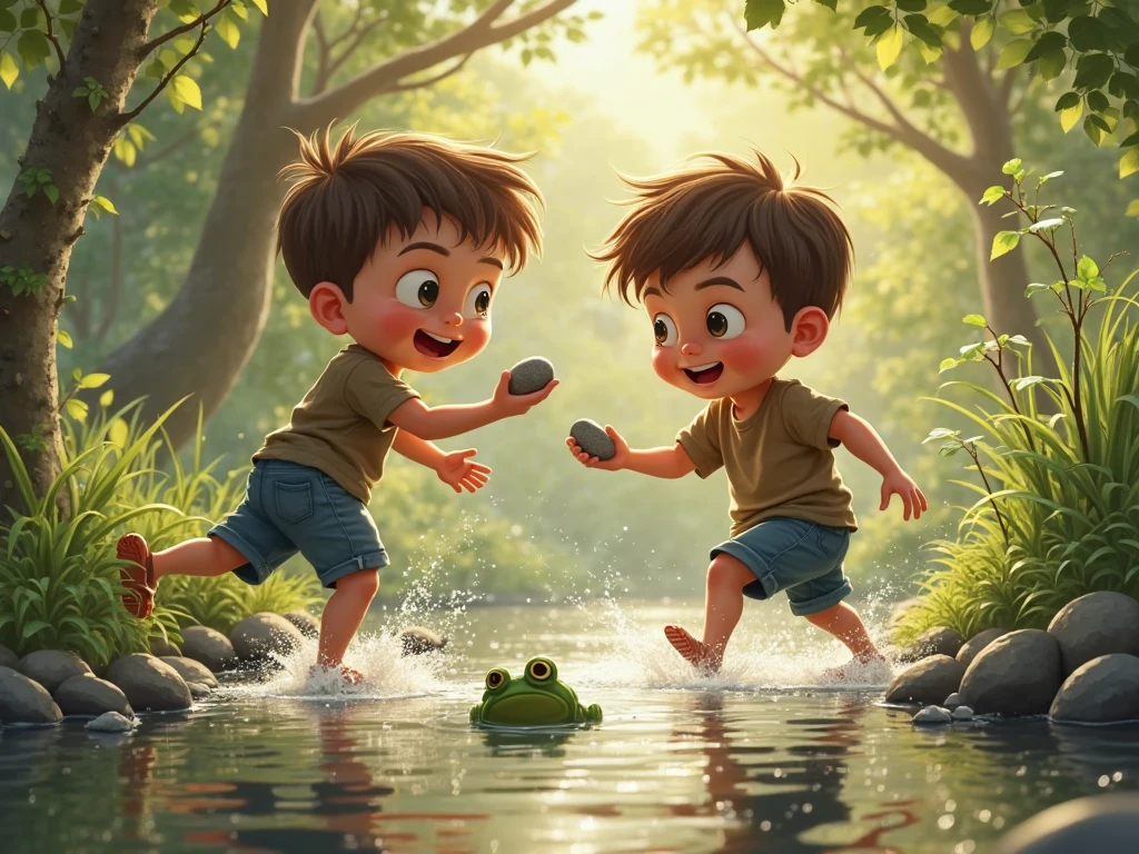 Two children doing rude things to two frogs