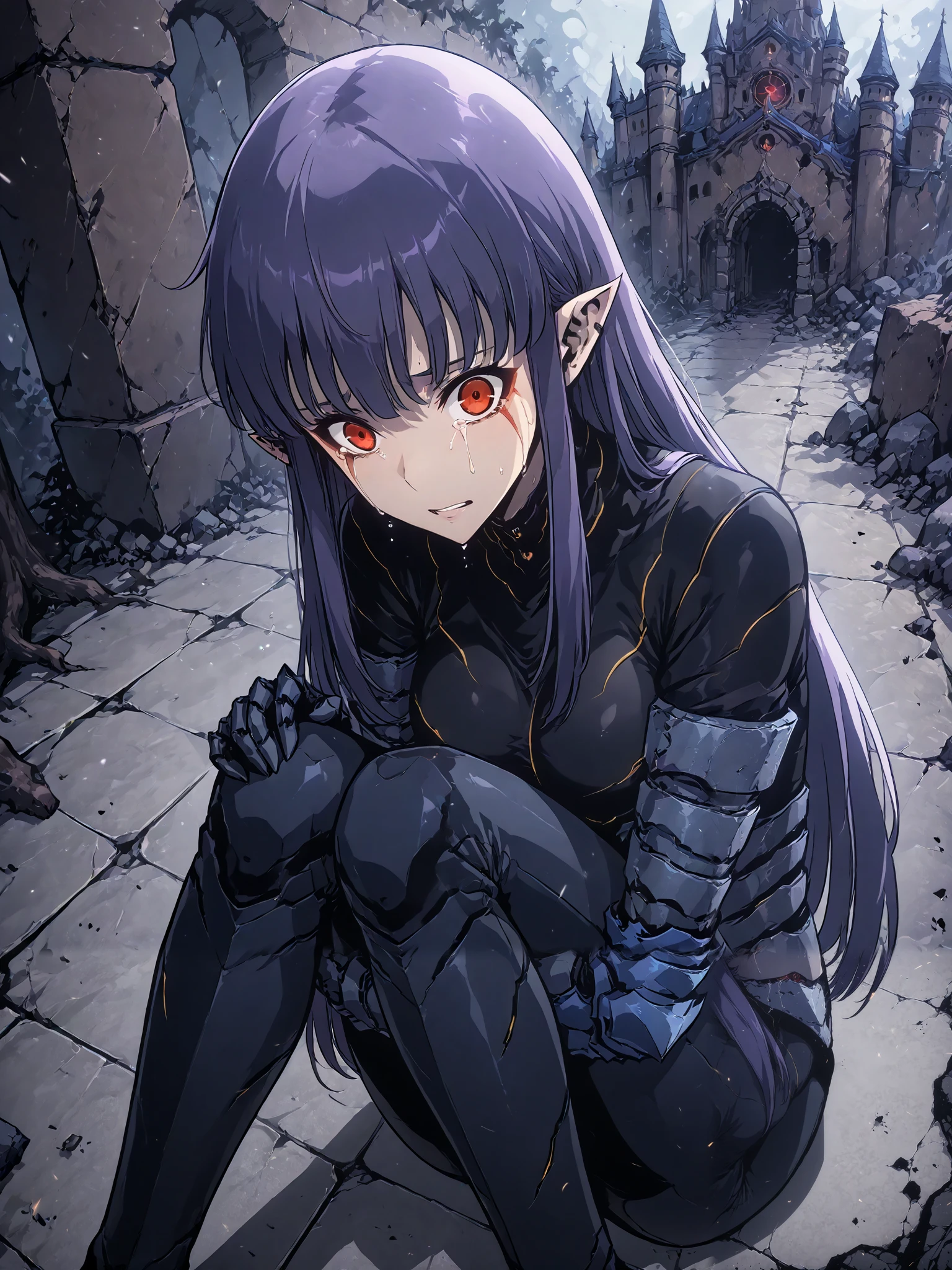1girl, solo, esil radiru, beautiful, crying heavily, tears, plain black shirt, plain black pants, slender body, medium breasts, crimson eyes, highly detailed eyes, expressive eyes, natural eye shape, iris with visible details, anatomically correct, super detailed, high details, intricate details, accurate, dynamic angle, dynamic poses, highres, absurdres, (masterpiece:1.5), (best quality:1.2), amazing quality, 4k, demon castle, looking away from viewer, face buried, huddled over, hugging knees, sitting down on the floor