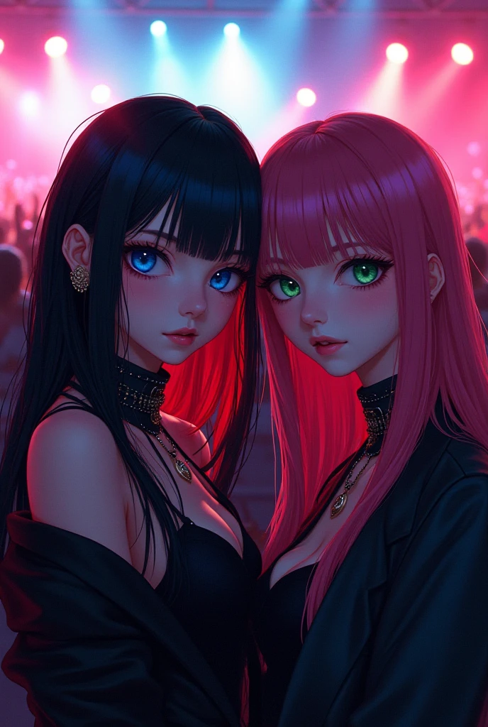 A woman with long, white hair with bangs and waves,She will wear a black and white dress.,She will be joined by a red-haired woman who will be wearing a red dress and an Asian purple-haired woman who will be wearing a purple and red dress and headphones around her neck..,They will be at a singer&#39;s concert and there will be red lights