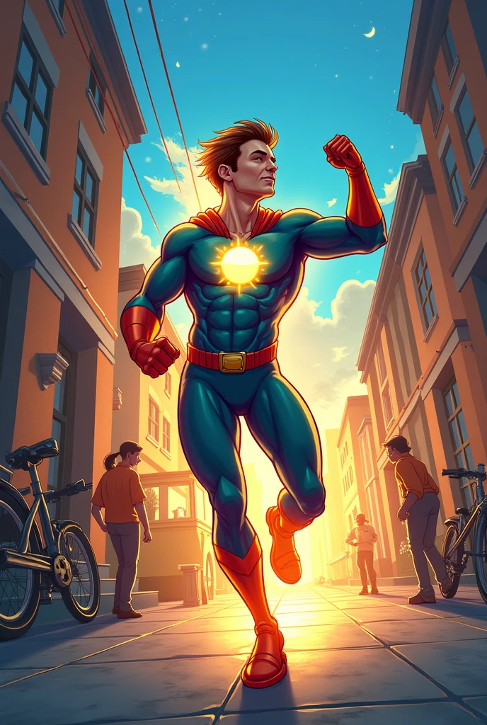 a super speed hero with a teal and orange suit his name is Blitz