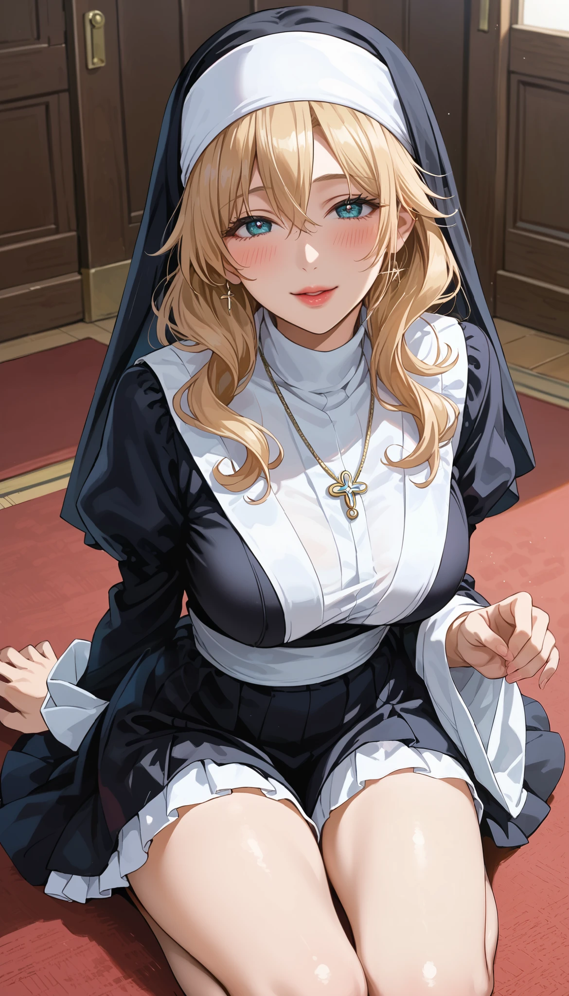 This is extremely detailed , Digital illustration of a young provocative woman in a nun outfit, black cross drawn on plump lips , フォトリアリスティックなスタイルin. The subject is a light-skinned woman with a pale complexion , length, Wavy blonde hair peeking out from under a black and white nun outfit. she's eye-catching , almond-shaped eyes , full, in飾られています。濃いアイライナーinソフトピンク . 彼女のメイクは劇的inす, Apply 、突き刺すような赤い色合いのマスカラApply ました , in、 rose-colored blush on her cheeks . She is white, lace ornament, x} Large胸を際立たせる黒革のコルセット , conspicuous . コルセットは精巧なレースのディテールin飾られており、Large, with ornate cross pendant 。. white head scarf , Super realistic , covers the head 、髪を完全に隠すわけinはありません .( Raised Eyebrows :1.5)、 naughty face on the floor、(petty laugh:1.3)、Half face shading face