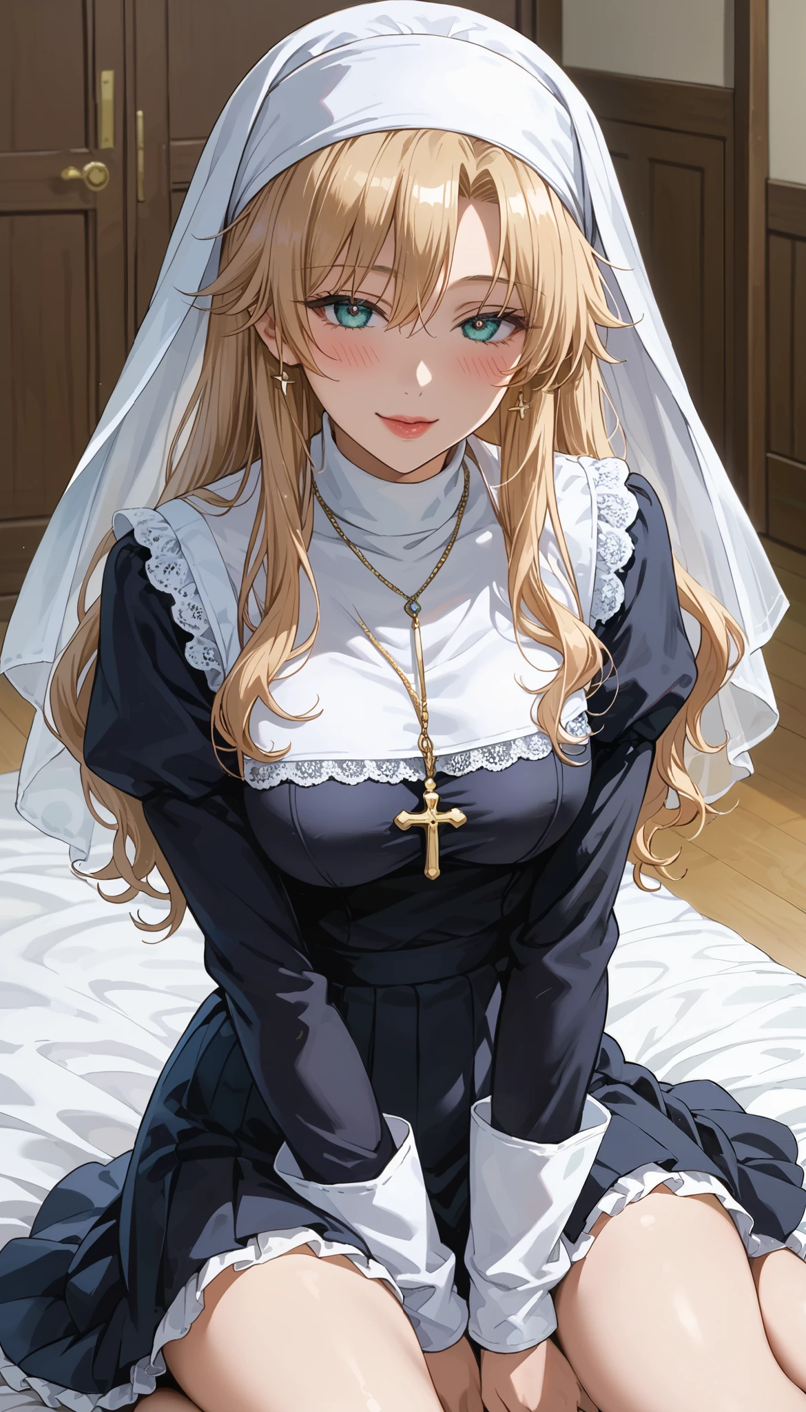This is extremely detailed , Digital illustration of a young provocative woman in a nun outfit, black cross drawn on plump lips , フォトリアリスティックなスタイルin. The subject is a light-skinned woman with a pale complexion , length, Wavy blonde hair peeking out from under a black and white nun outfit. she's eye-catching , almond-shaped eyes , full, in飾られています。濃いアイライナーinソフトピンク . 彼女のメイクは劇的inす, Apply 、突き刺すような赤い色合いのマスカラApply ました , in、 rose-colored blush on her cheeks . She is white, lace ornament, x} Large胸を際立たせる黒革のコルセット , conspicuous . コルセットは精巧なレースのディテールin飾られており、Large, with ornate cross pendant 。. white head scarf , Super realistic , covers the head 、髪を完全に隠すわけinはありません .( Raised Eyebrows :1.5)、 naughty face on the floor、(petty laugh:1.3)、Half face shading face